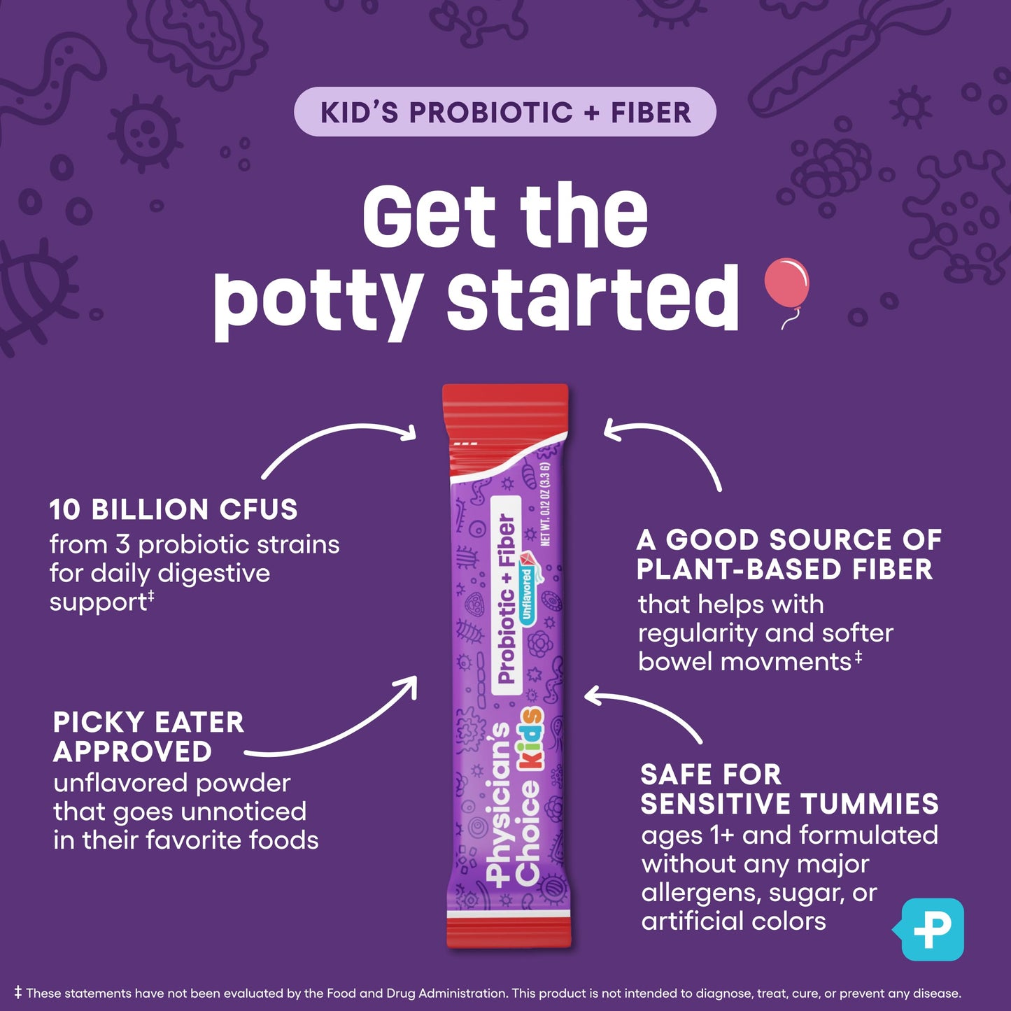 Physician's Choice Kids Probiotic + Prebiotic Fiber Packets (Ages 1+) - Supports Regularity, Occasional Constipation & A Healthy Digestive System - No Allergens or Preservatives - Unflavored - 24 Pack