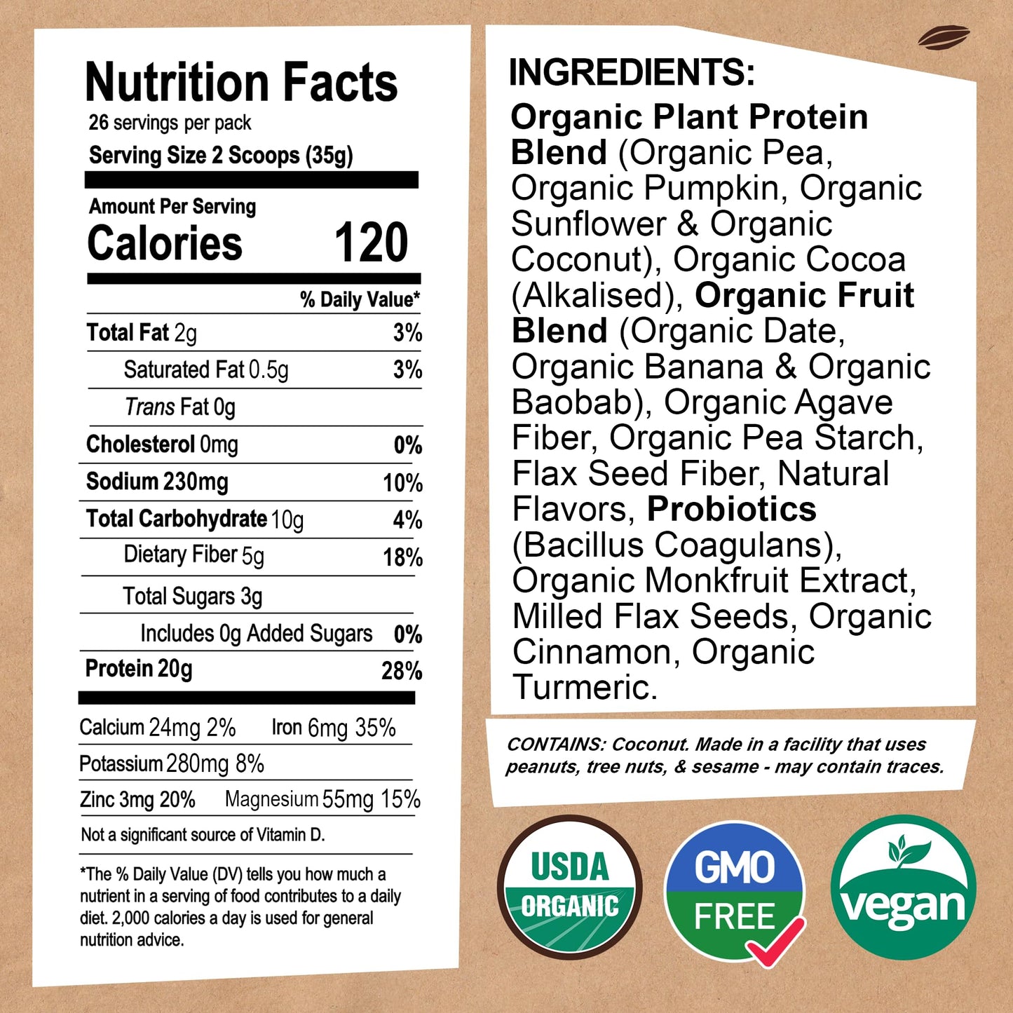 EarthChimp Organic Vegan Protein Powder - with Probiotics - Non GMO, Dairy Free, Non Whey, Plant Based Protein Powder for Women and Men, Gluten Free - 26 Servings 32 Oz (Chocolate)