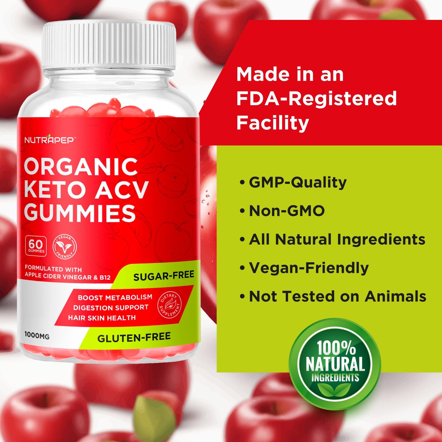 NutraPep Organic Keto ACV Gummies - Gluten-Free & Sugar-Free Apple Cider Vinegar Supplement for Women Men (1000MG)