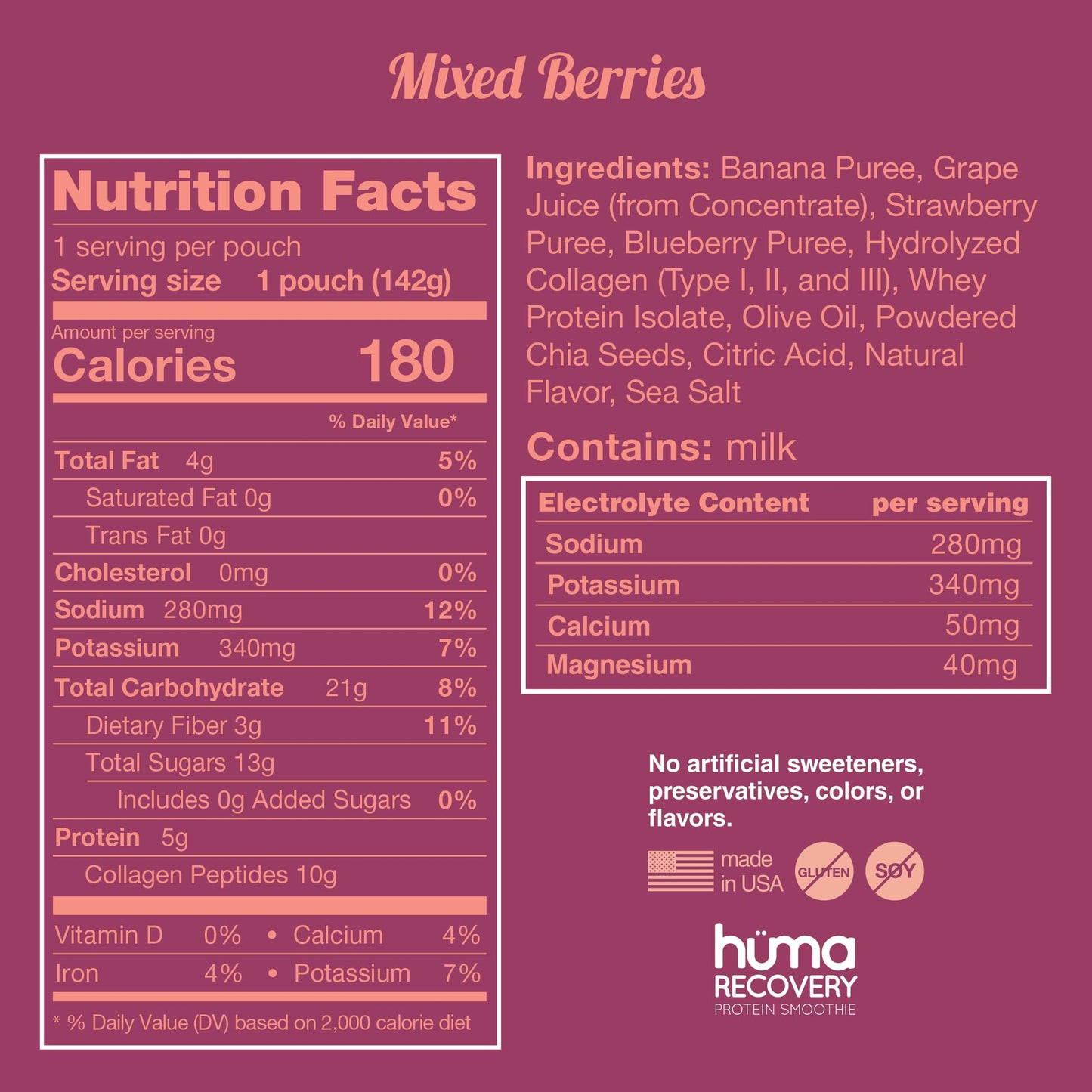 Huma Recovery Protein Smoothie, 6 Pouches - 15g Collagen + Whey Post Workout Recovery Drink - Ready-to-Drink Protein Shake with Real Fruit, Electrolytes, Healthy Fats