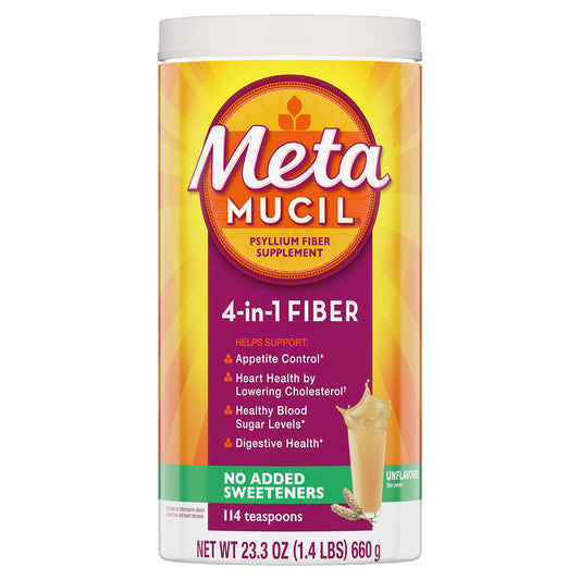 Metamucil, Unflavored Psyllium Husk Powder Fiber Supplement, Plain wih No Added Sweeteners, 4-in-1 Psyllium Husk Fiber Powder for Digestive Health, #1 Doctor Recommended Fiber Brand, 114 teaspoons