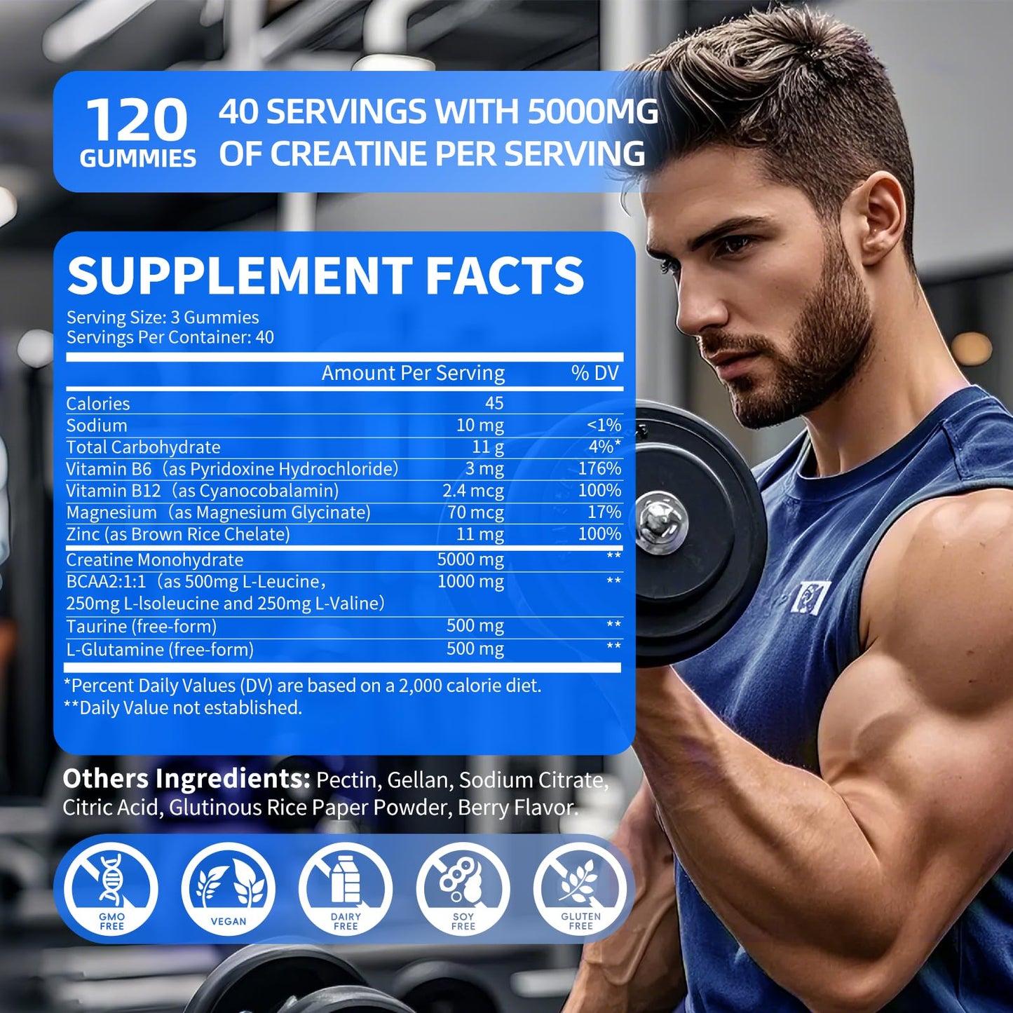 Creatine Monohydrate Gummies 5000mg with Taurine and L-Glutamine, Blueberry Flavored Creatine Monohydrate for Men and Women, Pre Workout Supplement for Muscle Strength and Energy Boost, 120 Gummies