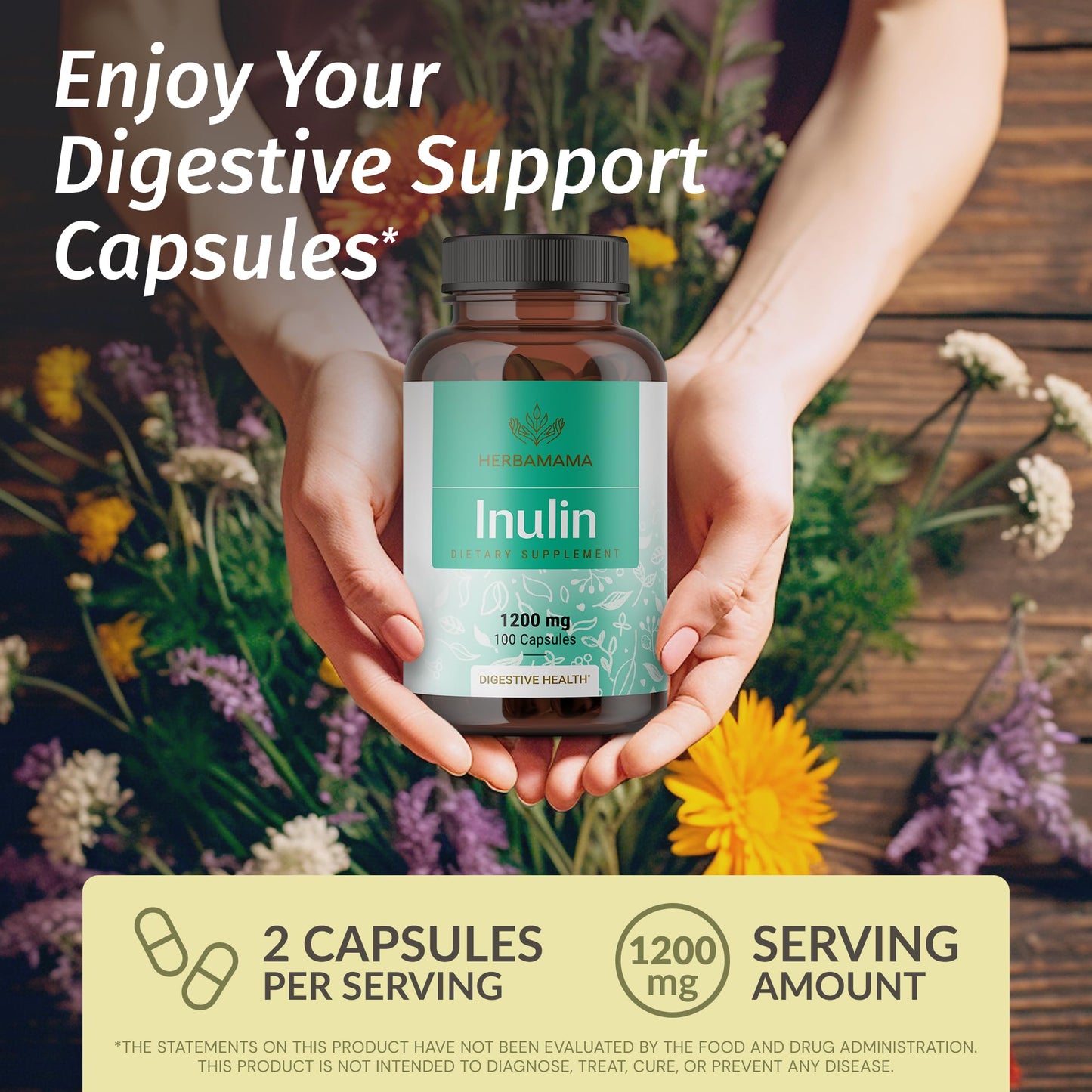HERBAMAMA Inulin Powder Capsules - 1200mg Inulin Prebiotic Fiber for Digestive Support & Gut Cleanse - Vegan, Non-GMO Chicory Root Powder Supplement, 100 Caps