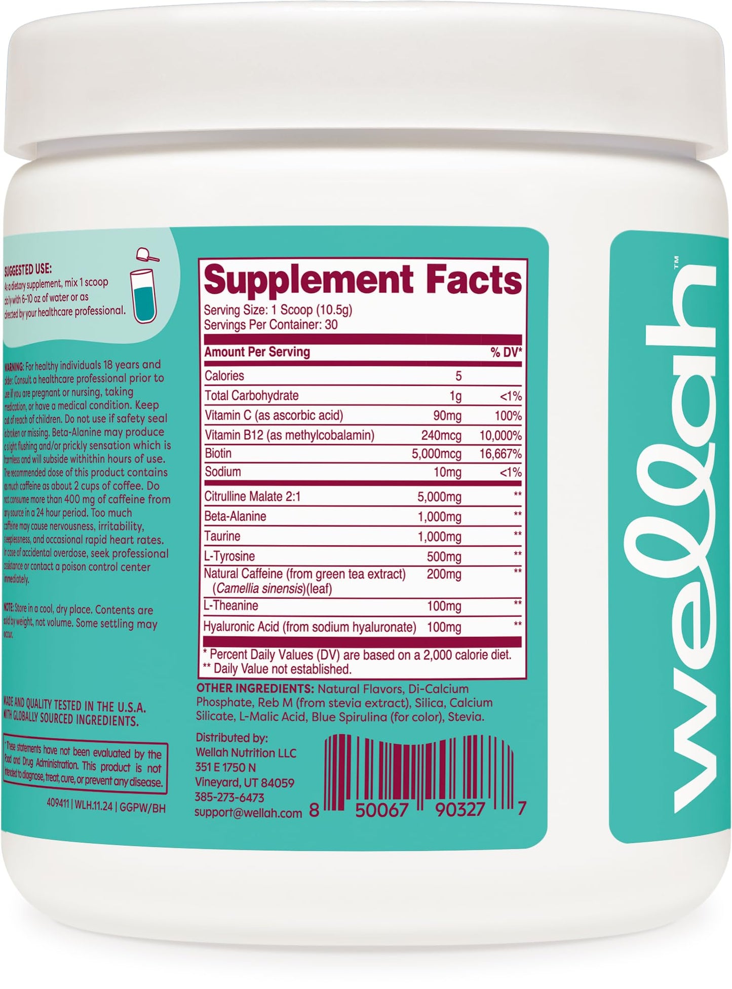 Wellah Get-Going Pre-Workout Drink Mix (Blue Hawaii Flavored, 30 Servings)