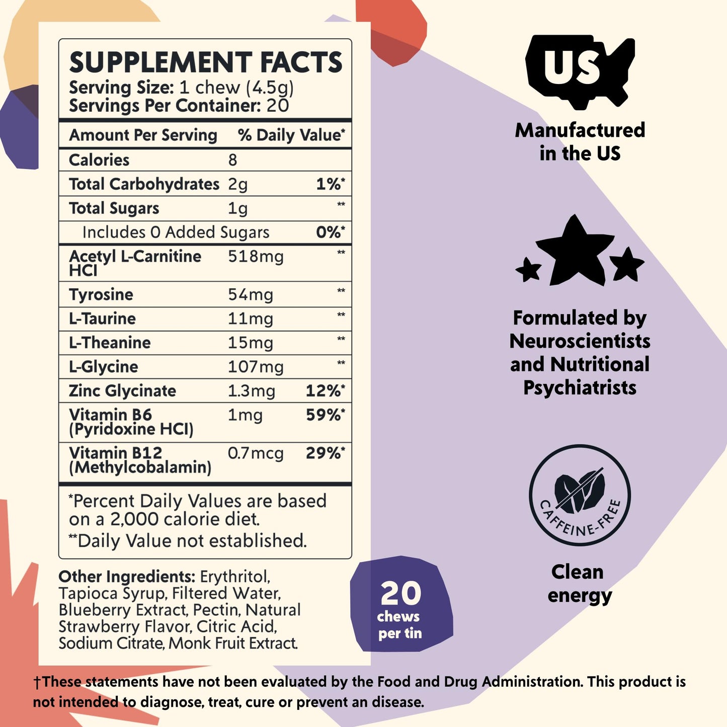 PYM Attention Chews Support for Procrastination, Focus & Productivity, 20 Count | 518mg L-Carnitine, 54mg Tyrosine, 11mg L-Taurine, Caffeine-Free | All-Natural Mood Boost Supplement Made in USA