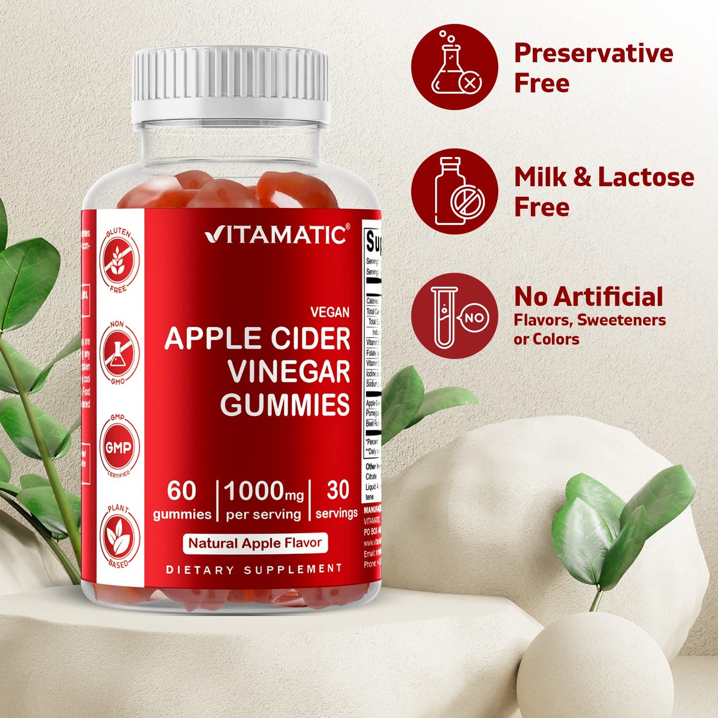 Vitamatic Apple Cider Vinegar Gummies - 1000mg per Serving - 60 Vegan Gummies - ACV Gummies for Detox, Weight Loss Support, Energy Boost, Digestion & Gut Health