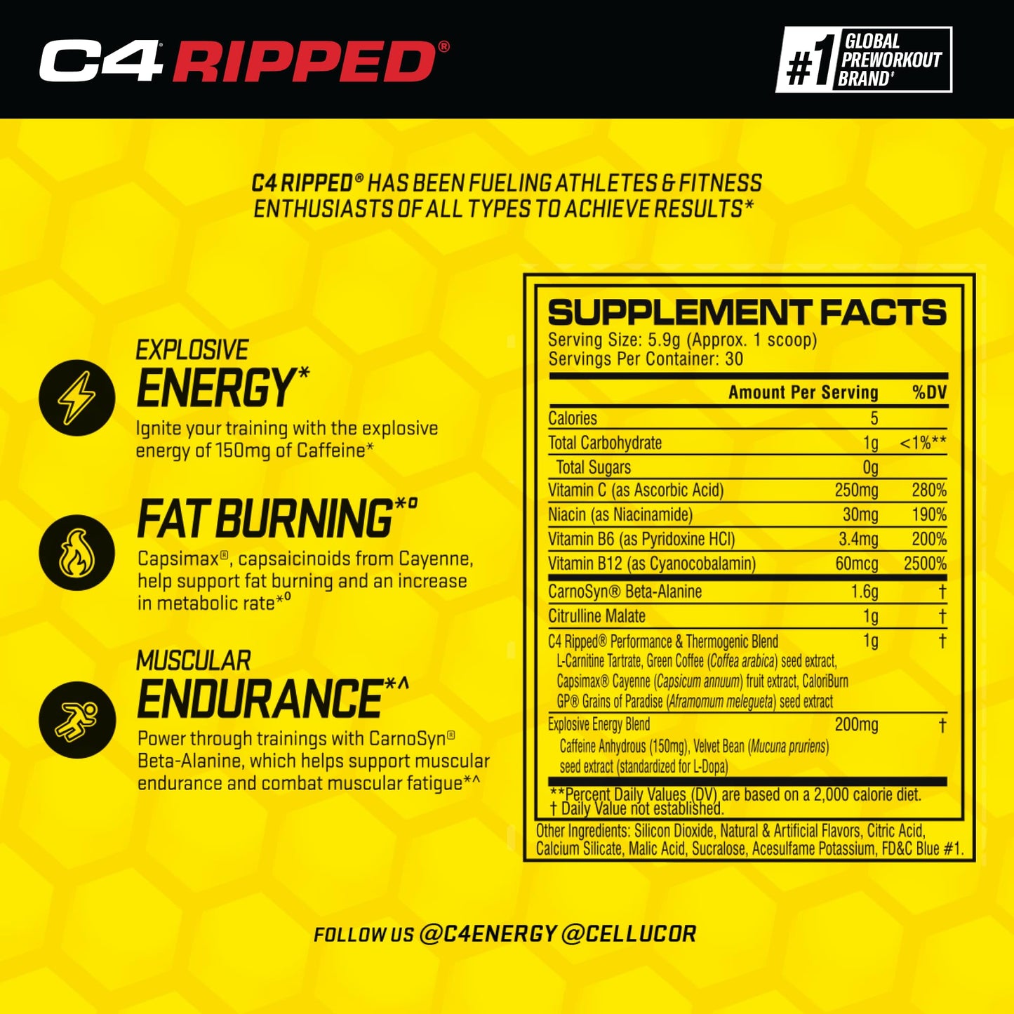 Cellucor C4 Ripped Pre Workout Powder for Energy, Beta Alanine, Sugar Free Energy Supplement Preworkout for Men & Women - 150mg Caffeine + Creatine-Free - ICY Blue Razz - 30 Servings