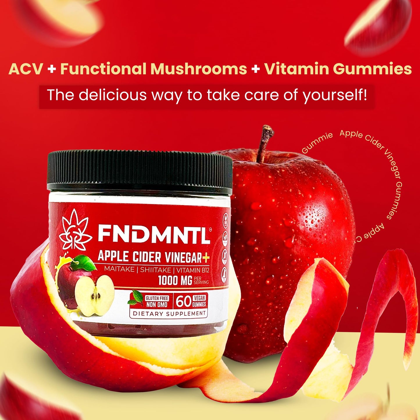FNDMNTL Apple Cider Vinegar Gummies | Maitake, Shitake, Vitamin B12 | 1000 mg | 60 Count | Gelatin-Free, Gluten-Free, Vegan & Non-GMO