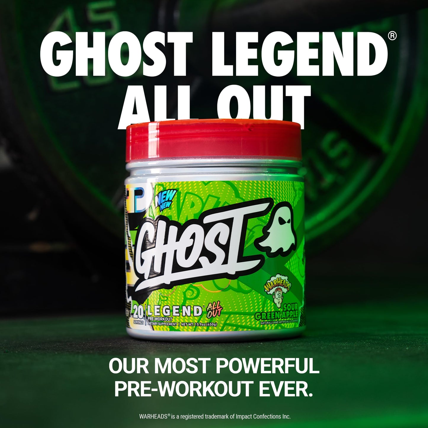 GHOST Legend All Out V2 Pre-Workout Powder, Warheads Sour Green Apple - 20 Servings - Pre-Workout Supplement for Men & Women - Energy & Pumps - Caffeine, Citrulline, Beta Alanine, Betaine & NO3-T