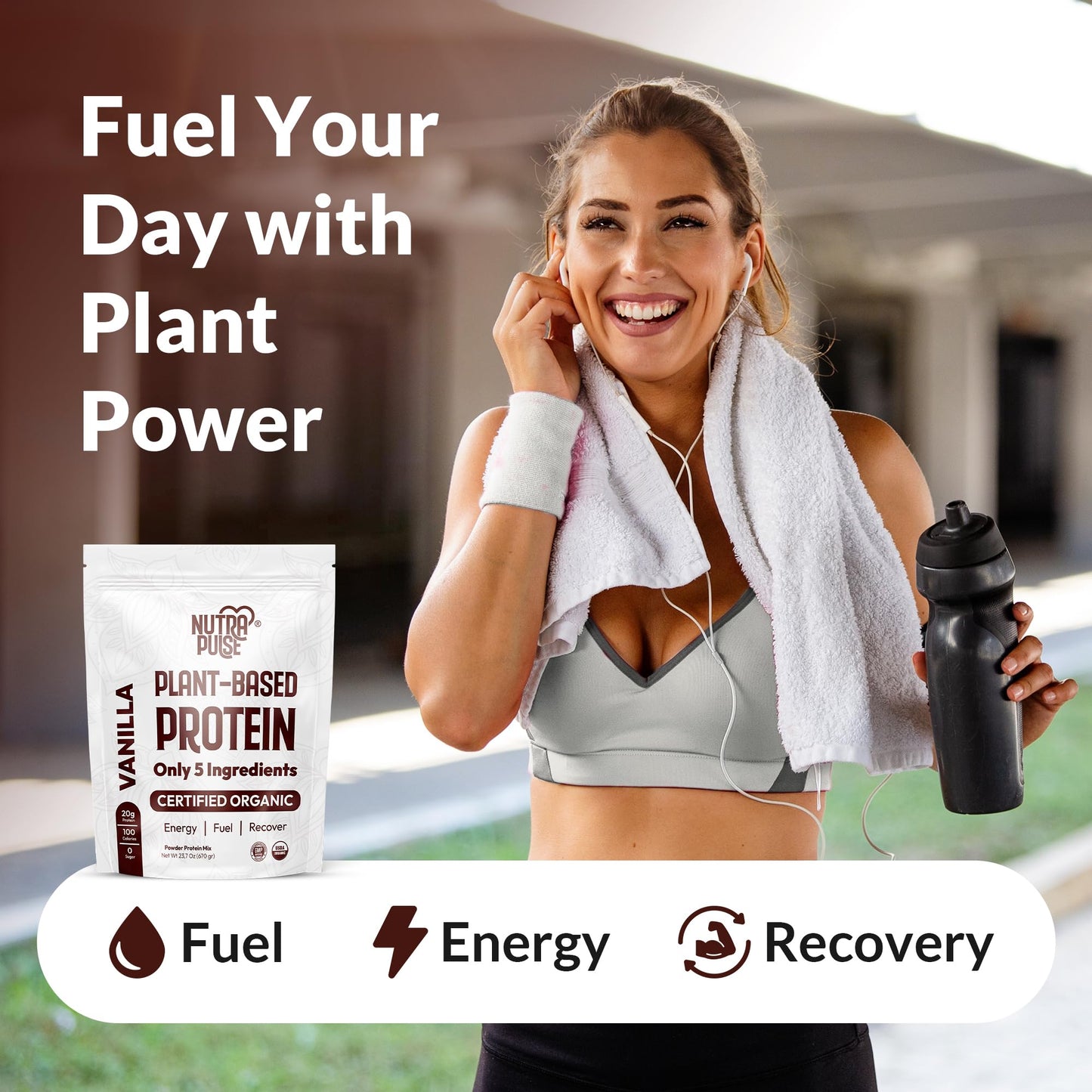 NUTRAPULSE Organic Vegan Protein Powder - Vanilla Flavor, Plant-Based, Gluten-Free, Non-GMO, 20g Protein Per Serving, Ideal for Smoothies, Shakes, Baking, Cooking (1 Pack, 20 Servings)