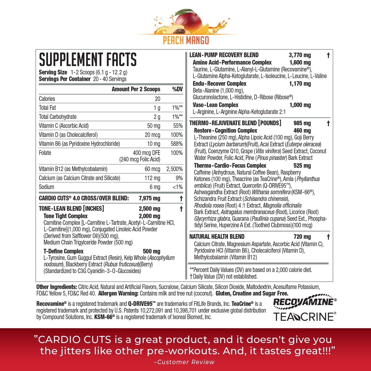 Cardio Cuts NDS Nutrition 4.0 Pre Workout Supplement - Advanced Weight Loss and Pre Cardio Formula with L-Carnitine, CLA, MCTs, L-Glutamine, and Safflower Oil - Peach Mango (40 Servings)