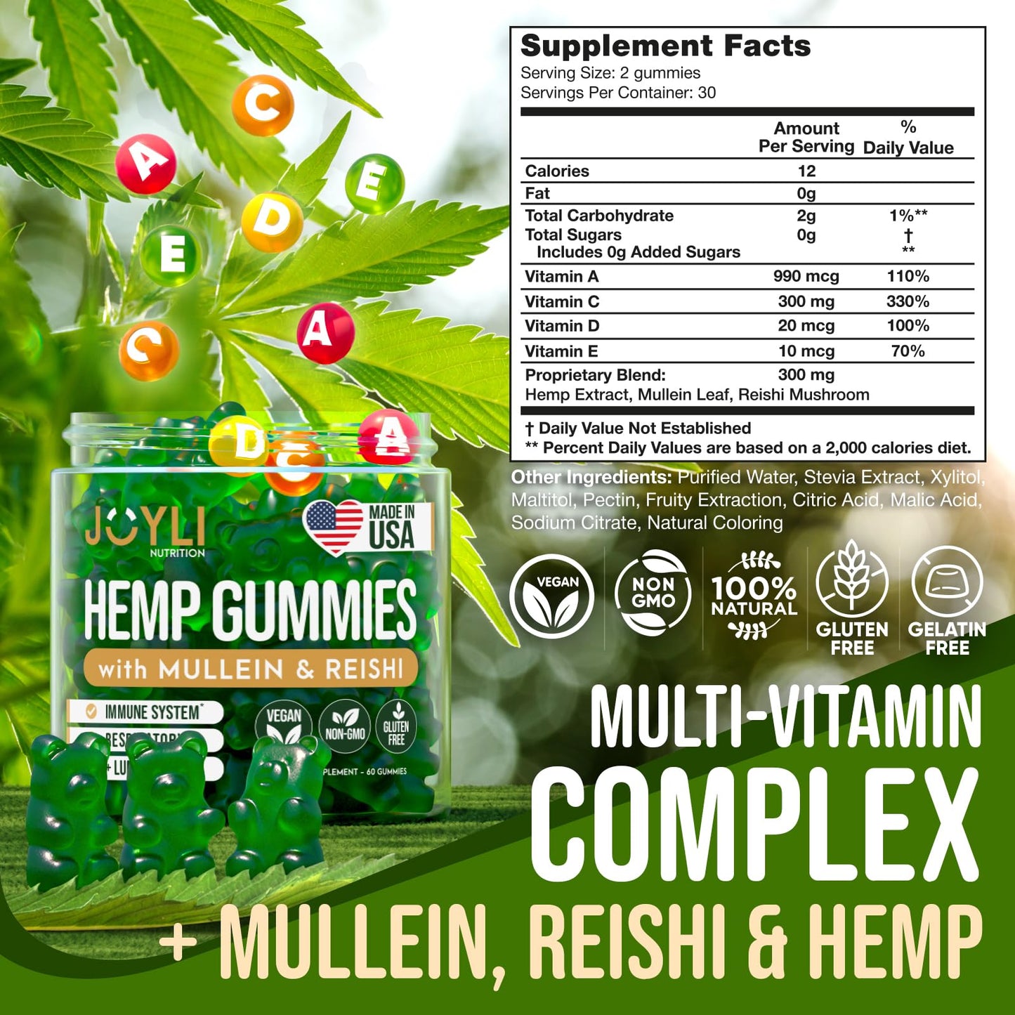 JOYLI Hemp Gummies - Natural Lung Cleanse with Mullein Leaf & Reishi Mushroom - Extra Strength Clean Lung Support Supplement with Vitamins A, C, D & E - Sugar-Free, Vegan, Non-GMO - 60 Edibles