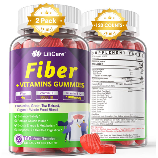 Probiotics Fiber Gummies for Adults Sugar Free + Psyllium Husk Fiber Supplement (Soluble + Insoluble) /w Vitamin B12 1000 mcg Vitamin D3 5000 iu for Fulfill, Metabolism, Gut & Digestive Health, 120Cts