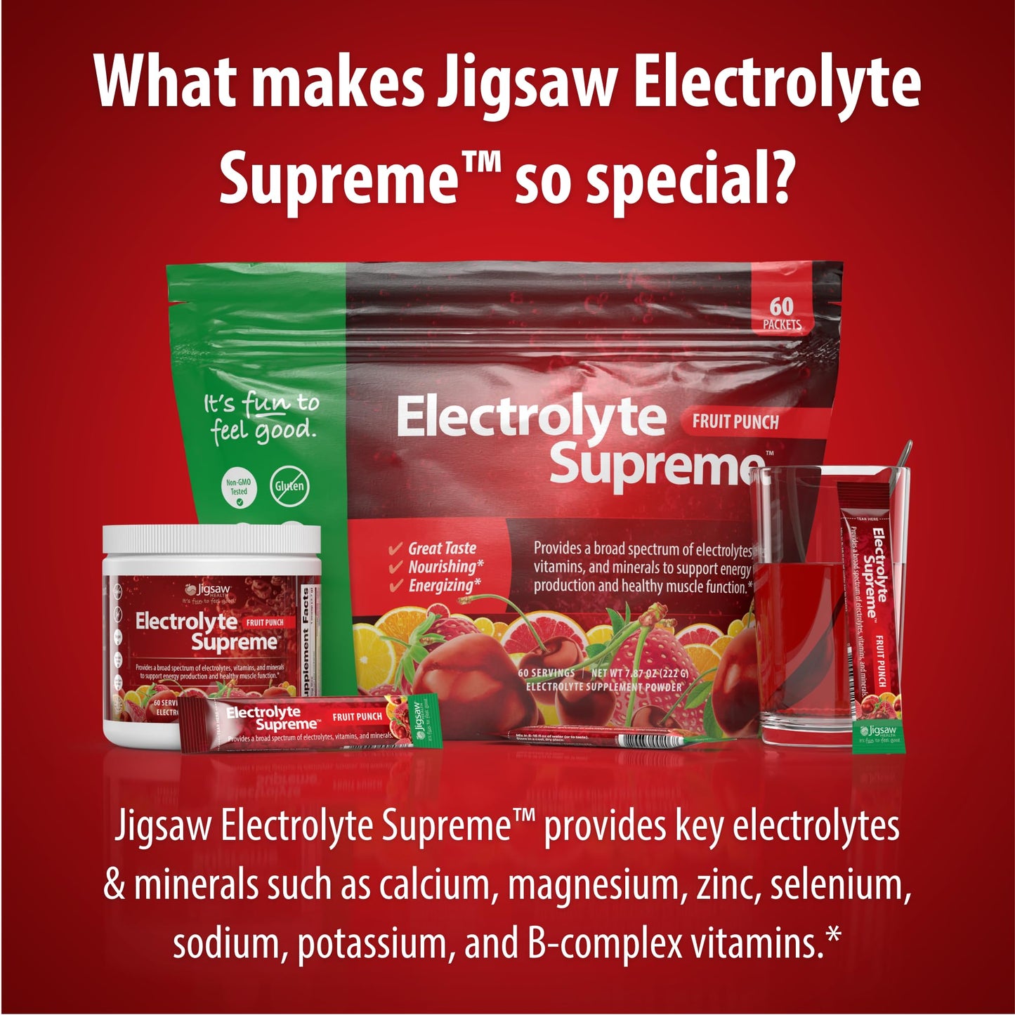 Jigsaw Health Electrolyte Supreme | Broad Spectrum of Electrolytes + Trace Minerals | Fruit Punch Flavor | 60 Servings (Packets)