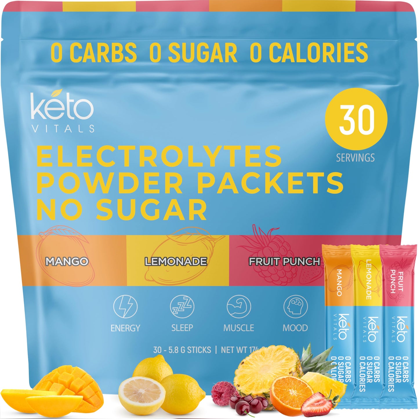 Keto Vitals Original Electrolytes Powder - Keto Friendly Electrolyte Travel Packets | Variety Individual Packets | Energy Drink Mix | Zero Calorie Zero Carb (Original Assorted, 30 Count)
