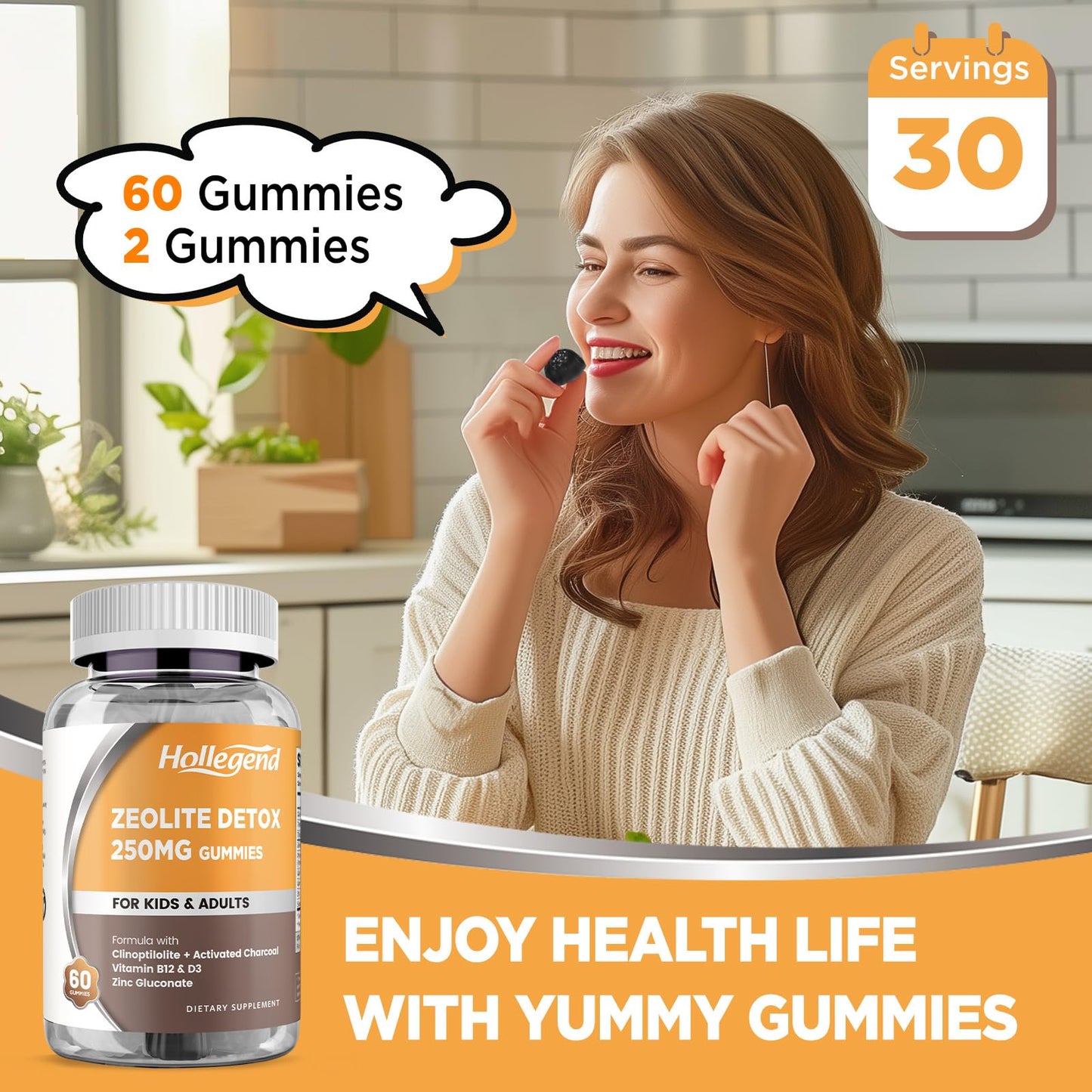 Zeolite Detox Gummies with Activated Charcoal, Clinoptilolite Zeolite with Vitamin B12 & D3 for Kids & Adults, Chewable Zeolite Supplement for Gut Health& Immune Support, Blueberry Flavor, 60 Ct