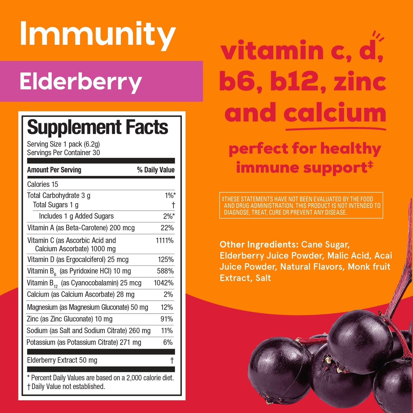 Hydrant Immunity, Individual Immune Hydration Powder Stick Packets with Vitamin C, Vitamin D, and Zinc for Electrolyte and Energy Support (Elderberry, 30 Count)