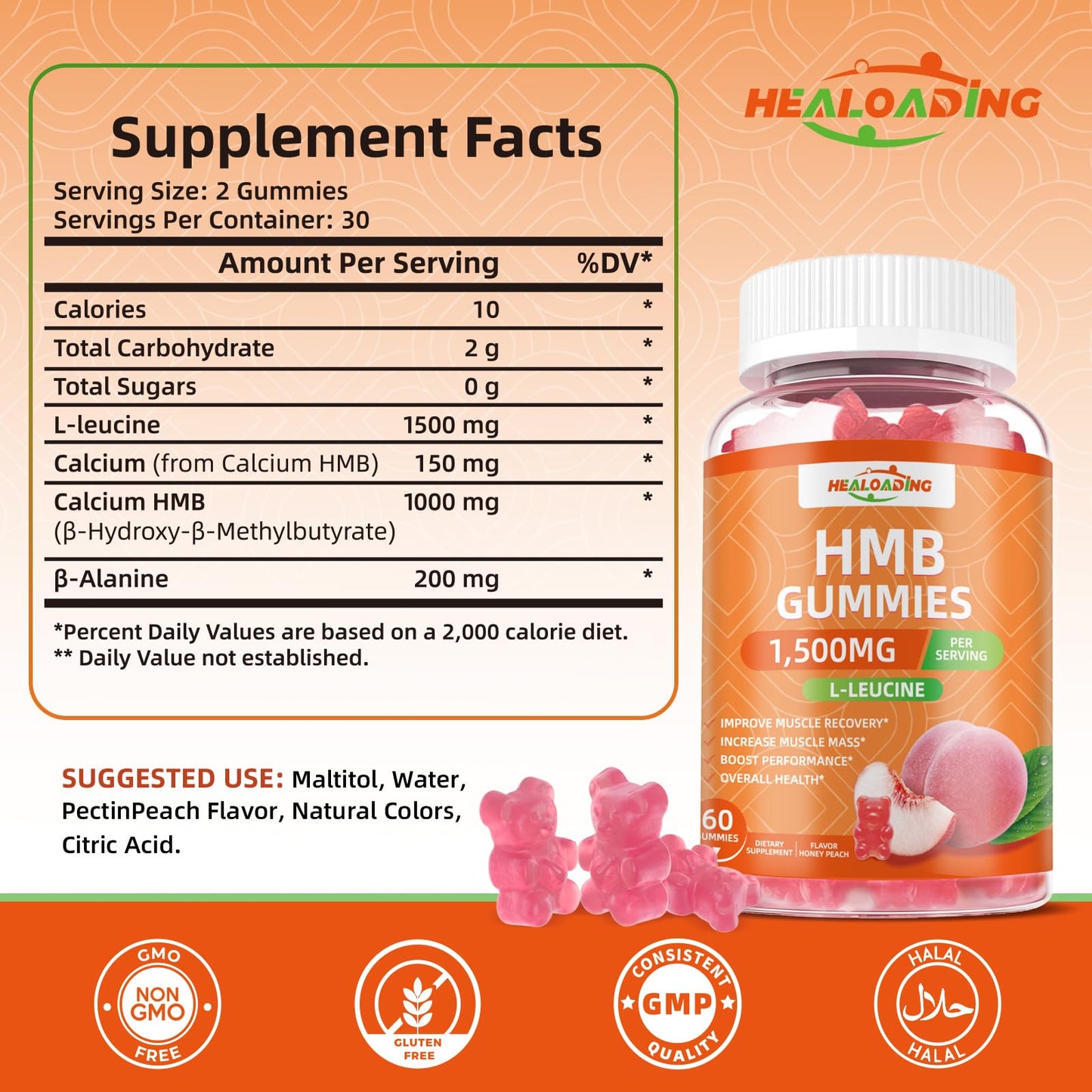 HEALOADING HMB and Leucine Gummies Supplement: HMB Supplements for Men 1500mg and Leucine Amino Acid for Muscle Recovery Increase Muscle Mass Improve Endurance Non-GMO Sugar Free Peach 60 Gummies