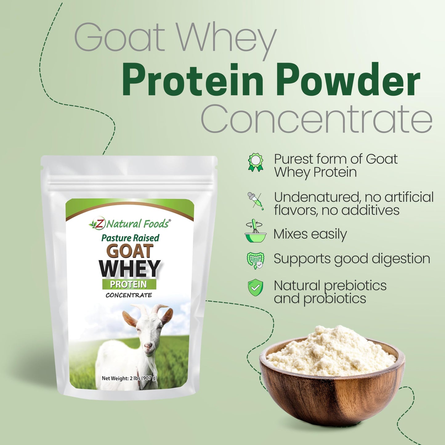 Z Natural Foods Goat Whey Protein Powder Concentrate - Undenatured, Unflavored, Pasture Raised Whey - Clean Goat Protein Powder with Vital Proteins for Weight Management, Immune Support, Fitness, 2 lb