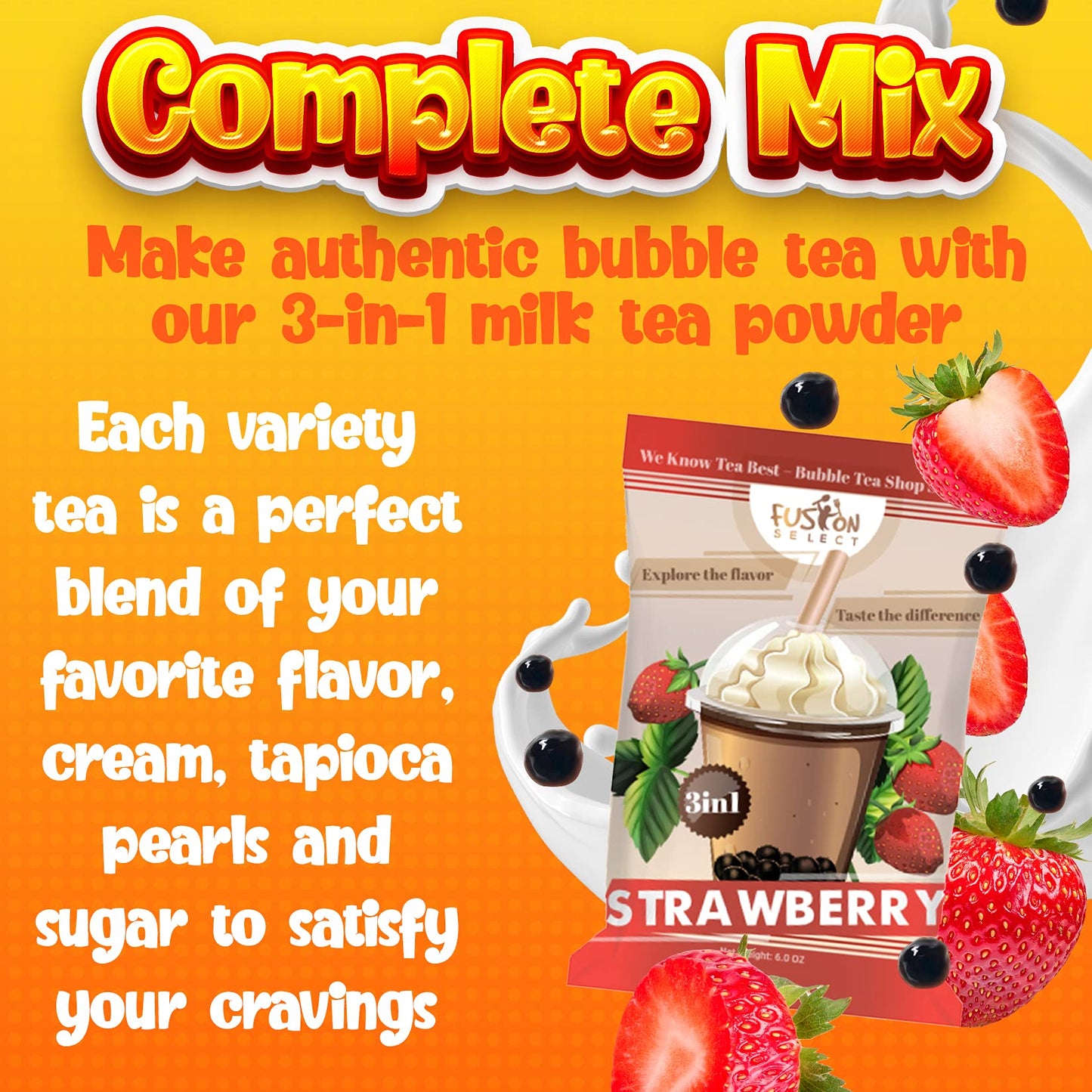 Fusion Select 4 Variety Flavors Taro Mango Strawberry Milk Tea 3in1 Drink Powder Instant PreMixed Powder for Hot or Cold Blends Yummy Frappes