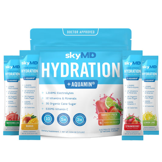 skyMD Variety Pack Electrolyte Drink Packets | Fast-Acting Hydration Boost | Low-Sugar Formula for Energy & Recovery | Easy Mix for Water or Travel | 16 Single-Serve Sticks