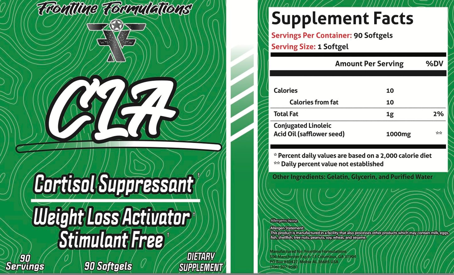 Frontline Fomulations CLA, Cortisol Suppressant, Stimulant Free, Enhances Energy and Metabolism, Increased Energy and Endurance, Train Harder, Recover Faster, Veteran Owned and Operated (90 Servings)