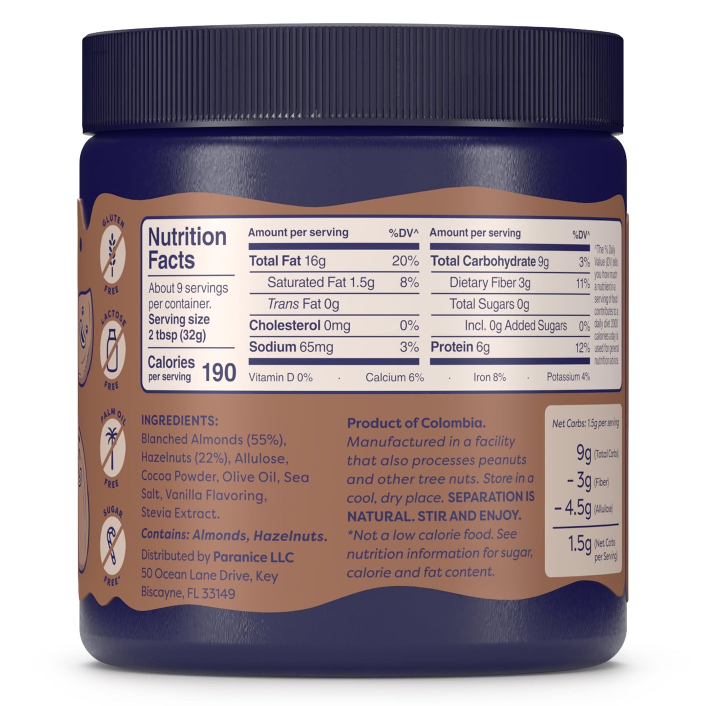 Paranice  Creamy Cocoa Hazelnut Spread  77 Almond and Hazelnut  Sugar Free  Keto and Vegan  Gluten Free  Dairy Free  Palm Oil Free  Erythritol Free  10 Oz  Pack of 1