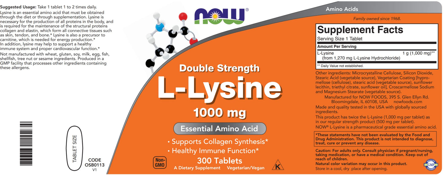 Now Foods L-Lysine 1000mg - Double Strength - 300 Tablets - Non-GMO Amino Acid Supplement (Llysine Hydrochloride)- 1000 mg Tabs - Vegan/Vegetarian