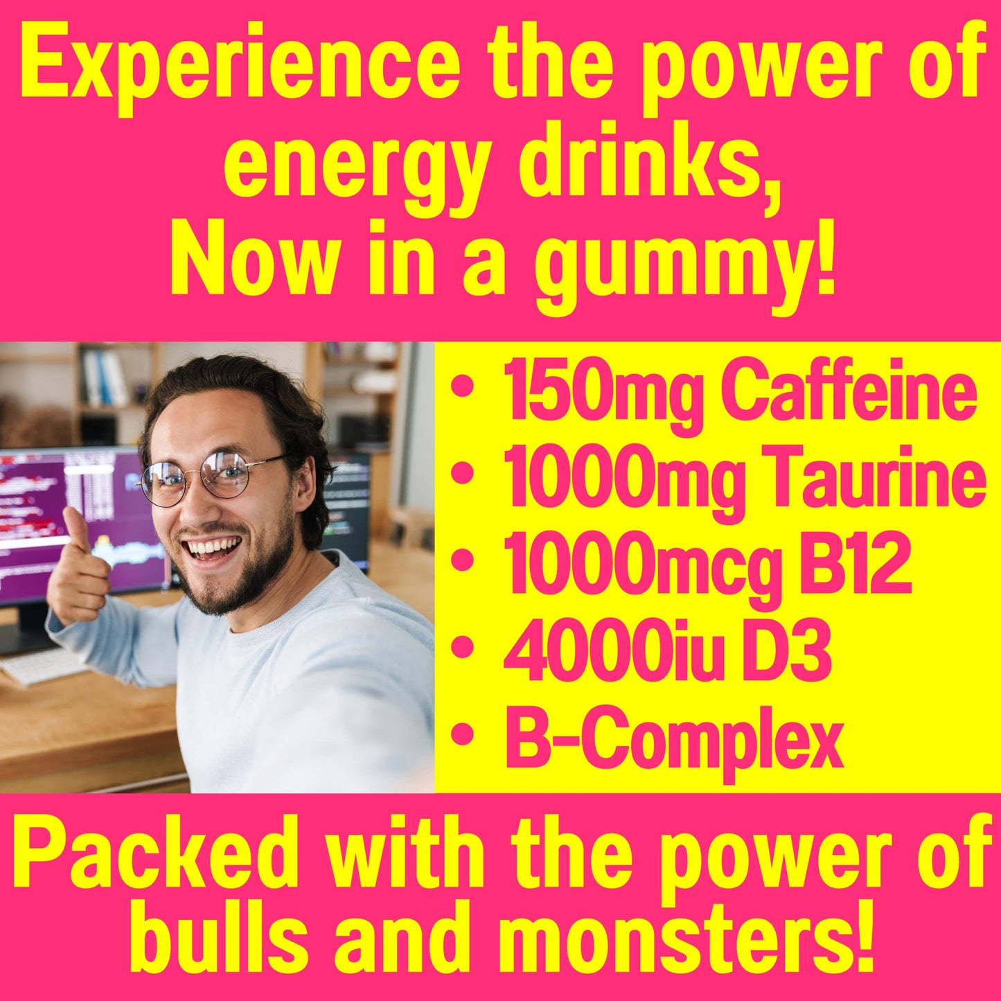SHIZAM Taurine 1000mg Caffeine 150mg Energy Gummies w D-3 B-12 B Complex Inositol, Gel Gels Vitamins Vitamin Drinks Capsules Drink Shot Chews Pills Powder Alt, Running Runners Supplement Supplements