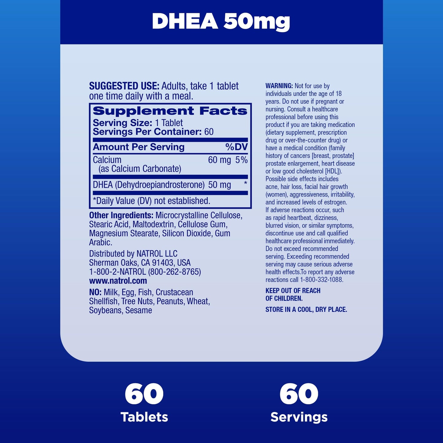 Natrol Mood & Stress DHEA 50mg With Calcium, Dietary Supplement for Balance of Certain Hormone Level and Mood Support, 60 Tablets, 60 Day Supply