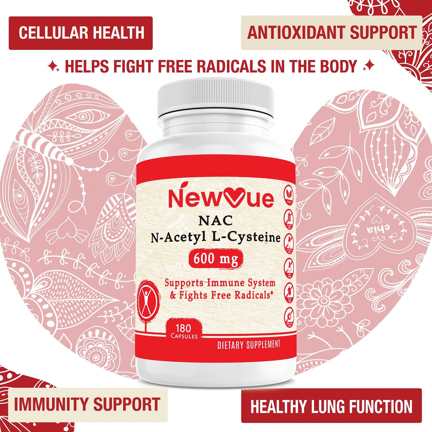 NewVue N-Acetyl L-Cysteine (NAC) 600mg, 180 Capsules - Non-GMO, Gluten Free