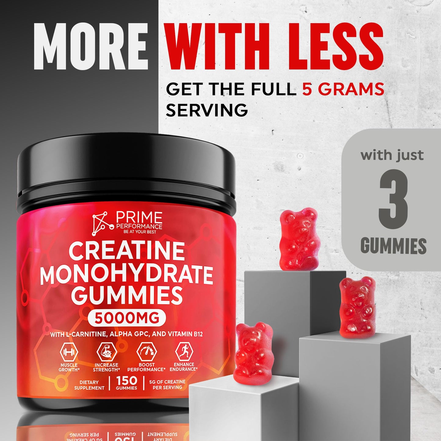 Creatine Monohydrate Gummies Only 3 Gummies For 5g, 50 Servings For Men And Women, Vegan Creatine Chews For Muscle Growth, Muscle Endurance, Workout Recovery, Low Sugar, Easy To Digest, No Bloating