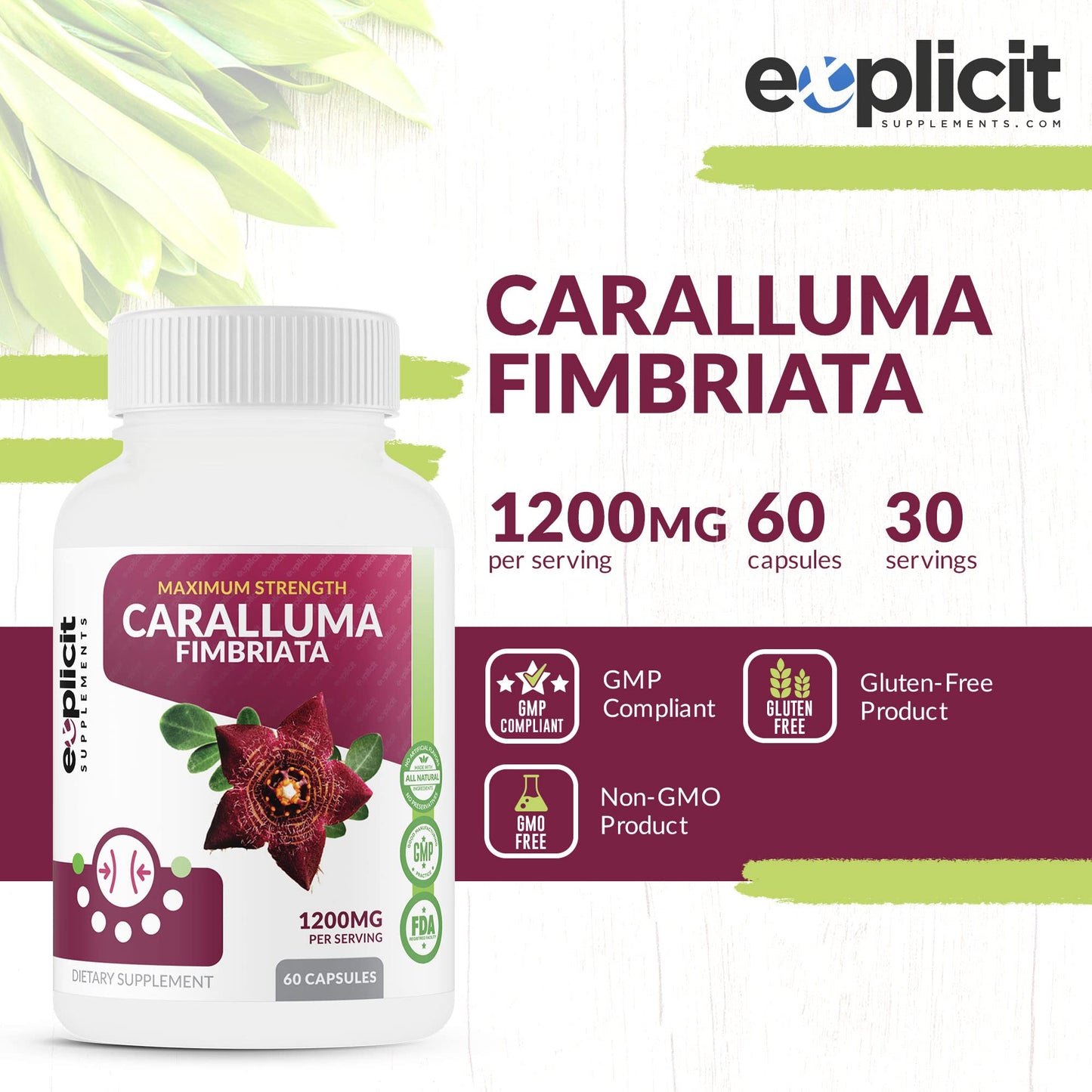 Pure Caralluma Fimbriata Max Strength - Appetite Suppressant, Increase Fat Burn, Weight Loss Supplement, Non-Stim - for Men & Women - 1200mg per Serving, 30 Servings, 60 Capsules