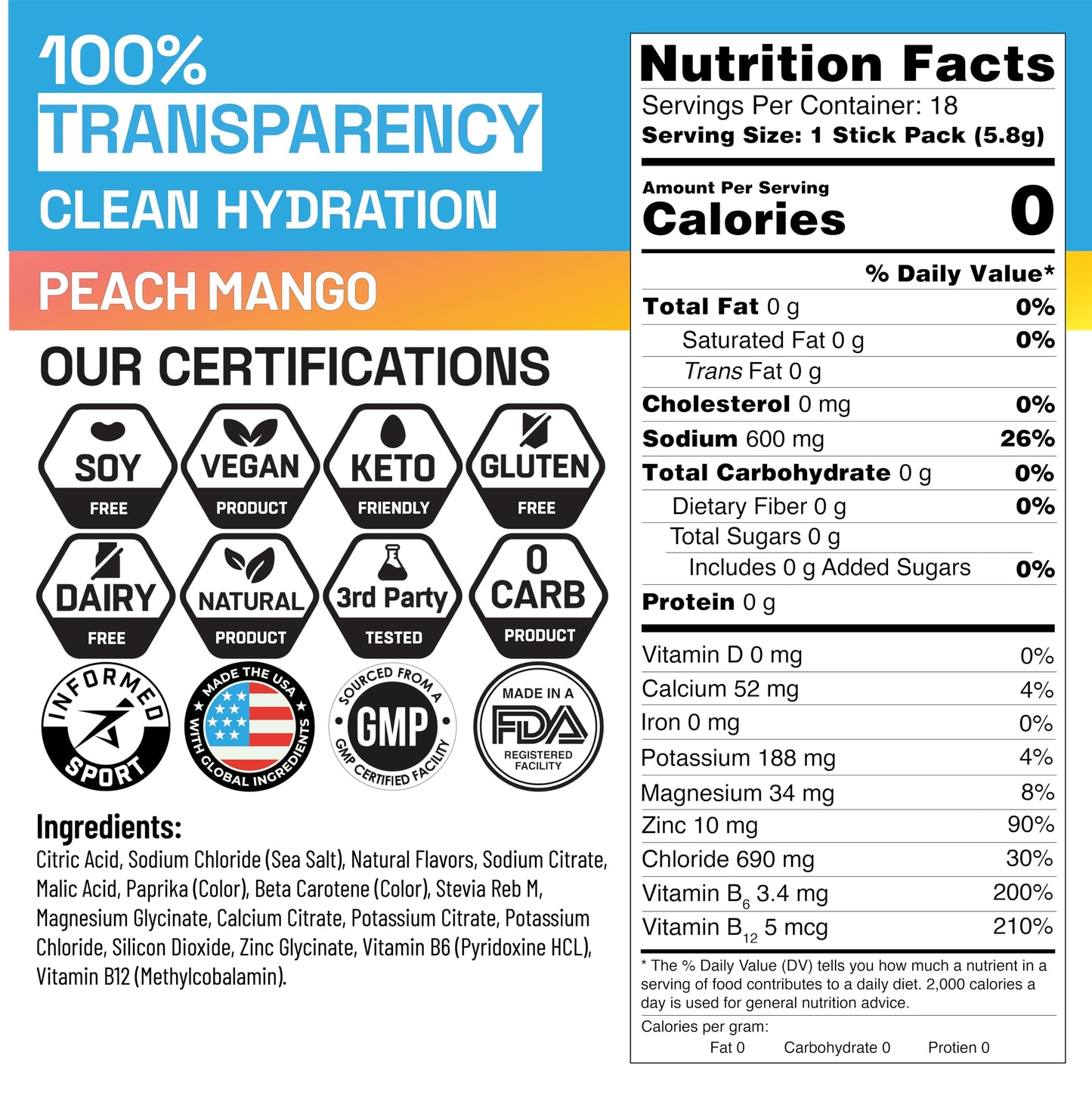EN Engineered Nutrition, Sugar-Free Electrolytes Powder Packets - Keto Electrolytes Hydration Packets, Single-Serving Electrolytes, No Calories, Vegan, Non-GMO, Organic, Gluten-Free, Peach Mango 18 CT