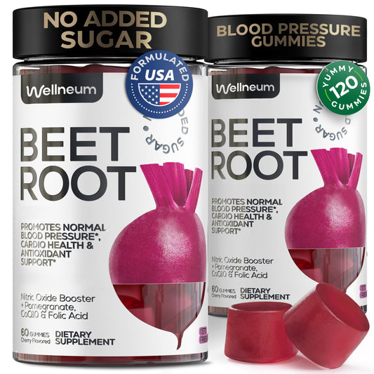 Wellneum Beets for High Blood Pressure - Beet Root Chews with Pomegranate Juice Powder - Nitric Oxide Gummies for Energy, Cardio Health - Gummy Supplement for Men and Women - 2 Pack