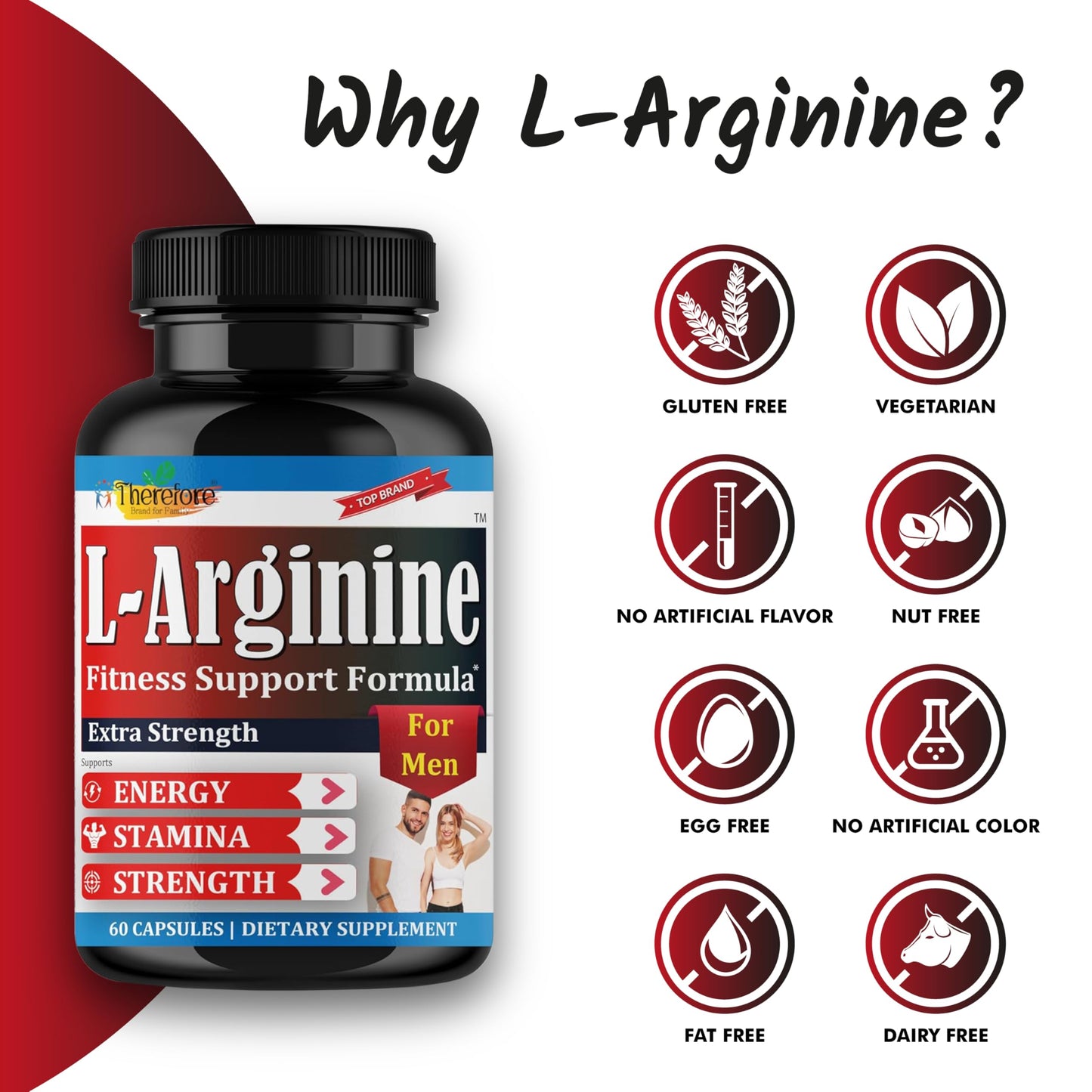 Therefore Extra Strength L-Arginine for Men, Workout Supplement Support Fitness, Muscle Strength, Vascular Function, Energy, Stamina 60 ct L-Arginine Vegan Capsules