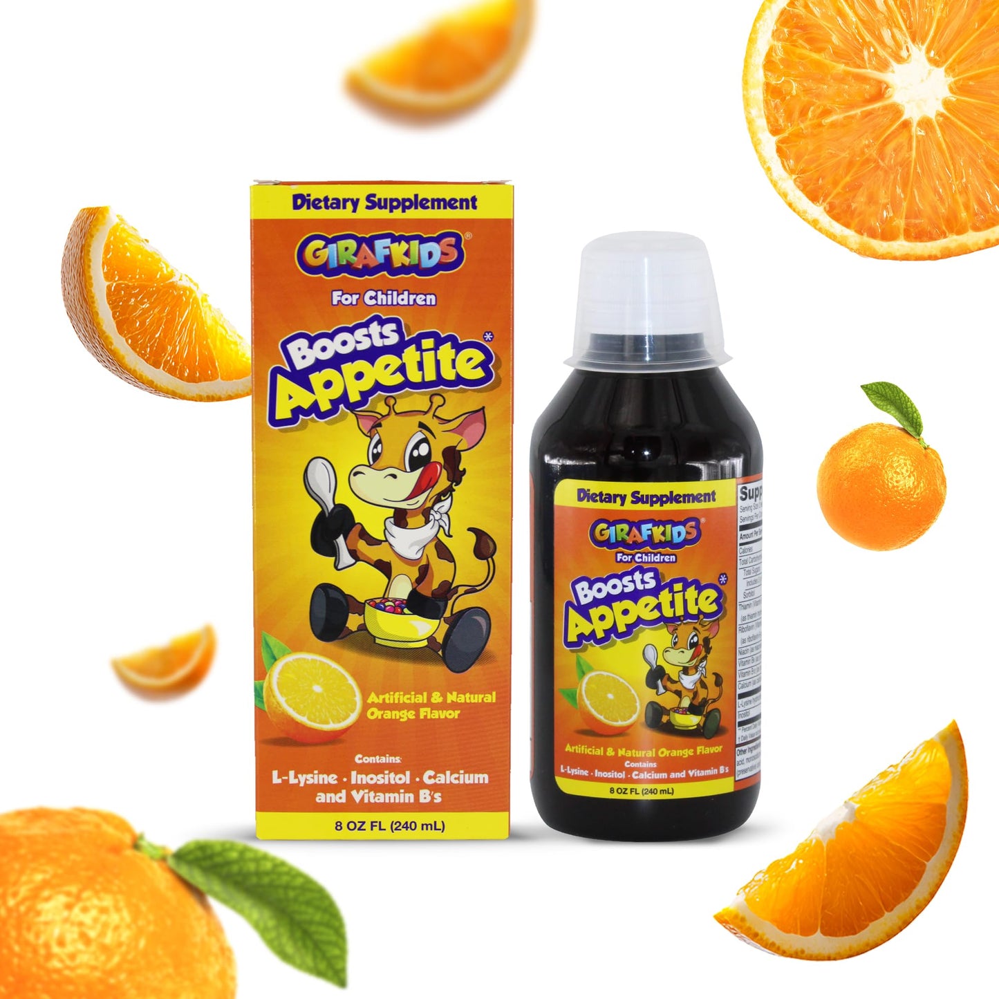 PHARMADEL GirafKids Appetite Booster Syrup for Kids Ages 4+ | 8 Fl Oz Natural Supplement with L-Lysine, Inositol, Calcium & Vitamins | Orange Flavor | Promotes Healthy Appetite & Energy