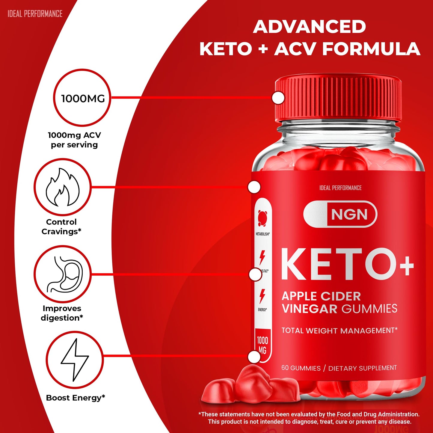 IDEAL PERFORMANCE NGN Keto ACV Gummies, NGN ACV-Keto Gummies 1000MG - Maximum Strength, NGN Gummy All Natural Apple Cider Vinegar, Vitamin B12, Pomegranate, NGN Keto ACV Gummies Reviews (60 Gummies)