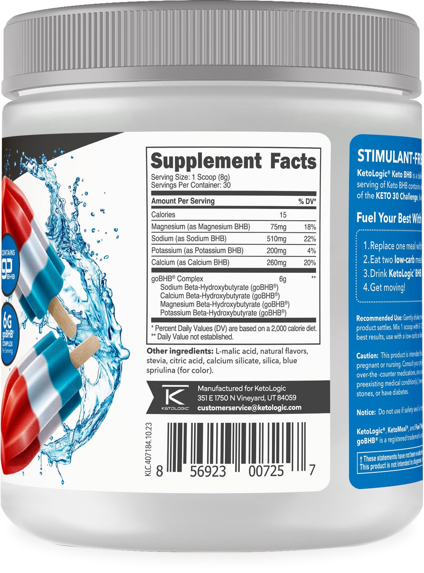 Ketologic Keto BHB (Patriot Pop Flavor) 30 Servings - Exogenous Ketone Supplement with goBHB, Beta-Hydroxybutyrate Salts
