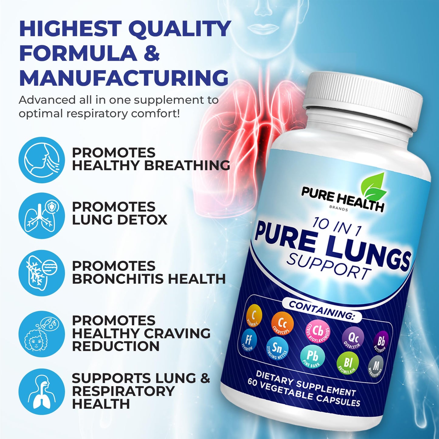 Lung Detox for Smokers - 10 in 1 Lung Cleanse - All-Natural Vegan Supplement for Lung Health - Quit Smoking Aid Promoting Clear Lungs - Lung Cleanse for Smokers - Supports Respiratory Health