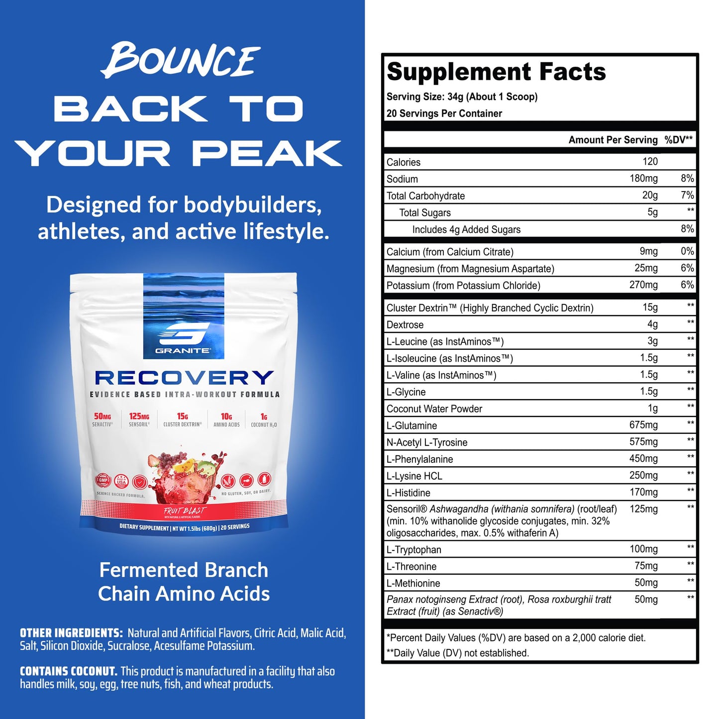 Granite Nutrition Recovery - Premium Intra-Workout Drink with EAAs, Cluster Dextrin, Sensoril & Senactiv for Athletic Performance and Lean Muscle Gains - Fruit Blast (30 Servings)