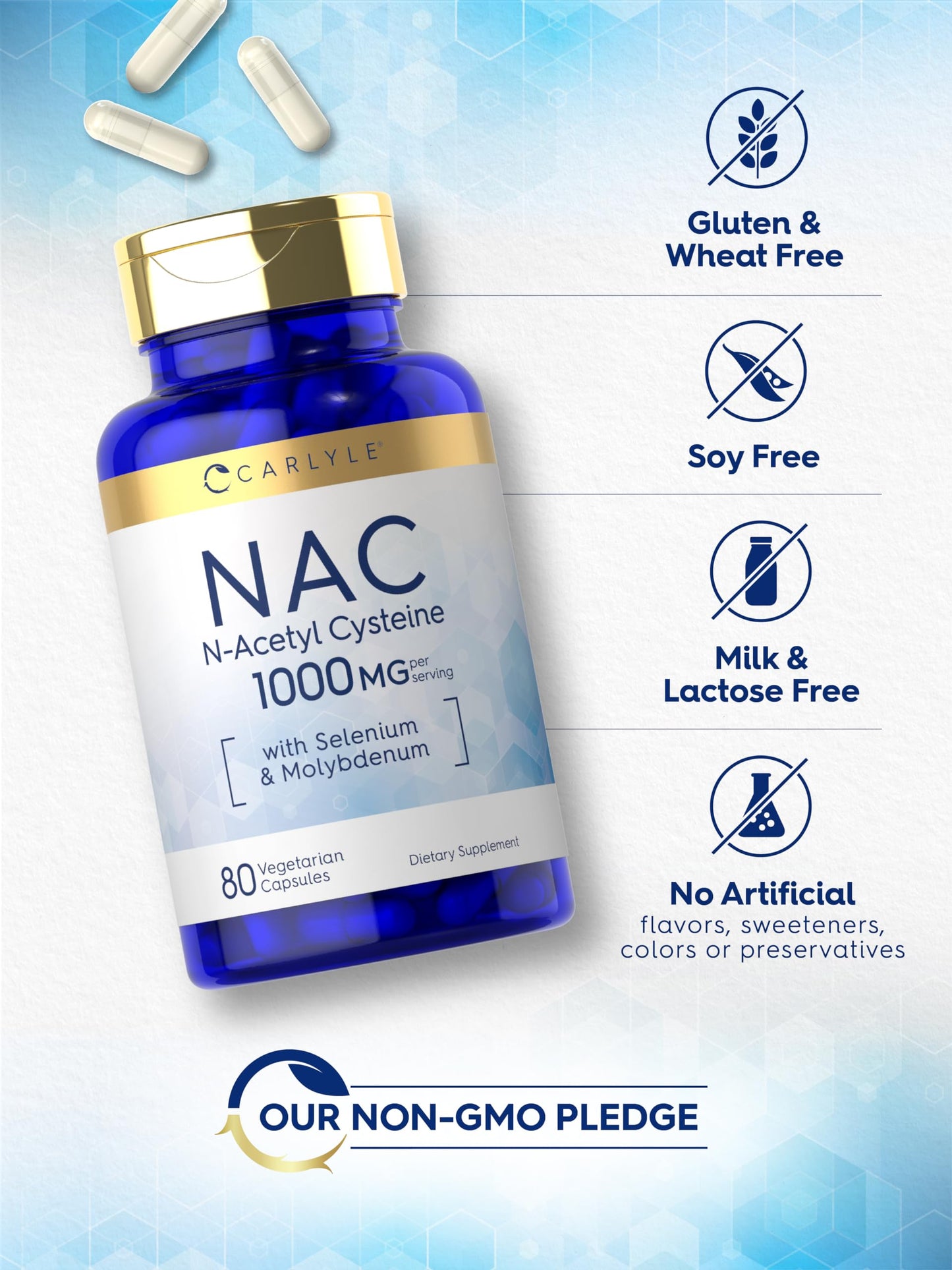 Carlyle NAC Supplement N-Acetyl Cysteine | 1000 mg | 80 Capsules | with Selenium & Molybdenum | Vegetarian, Non-GMO & Gluten Free