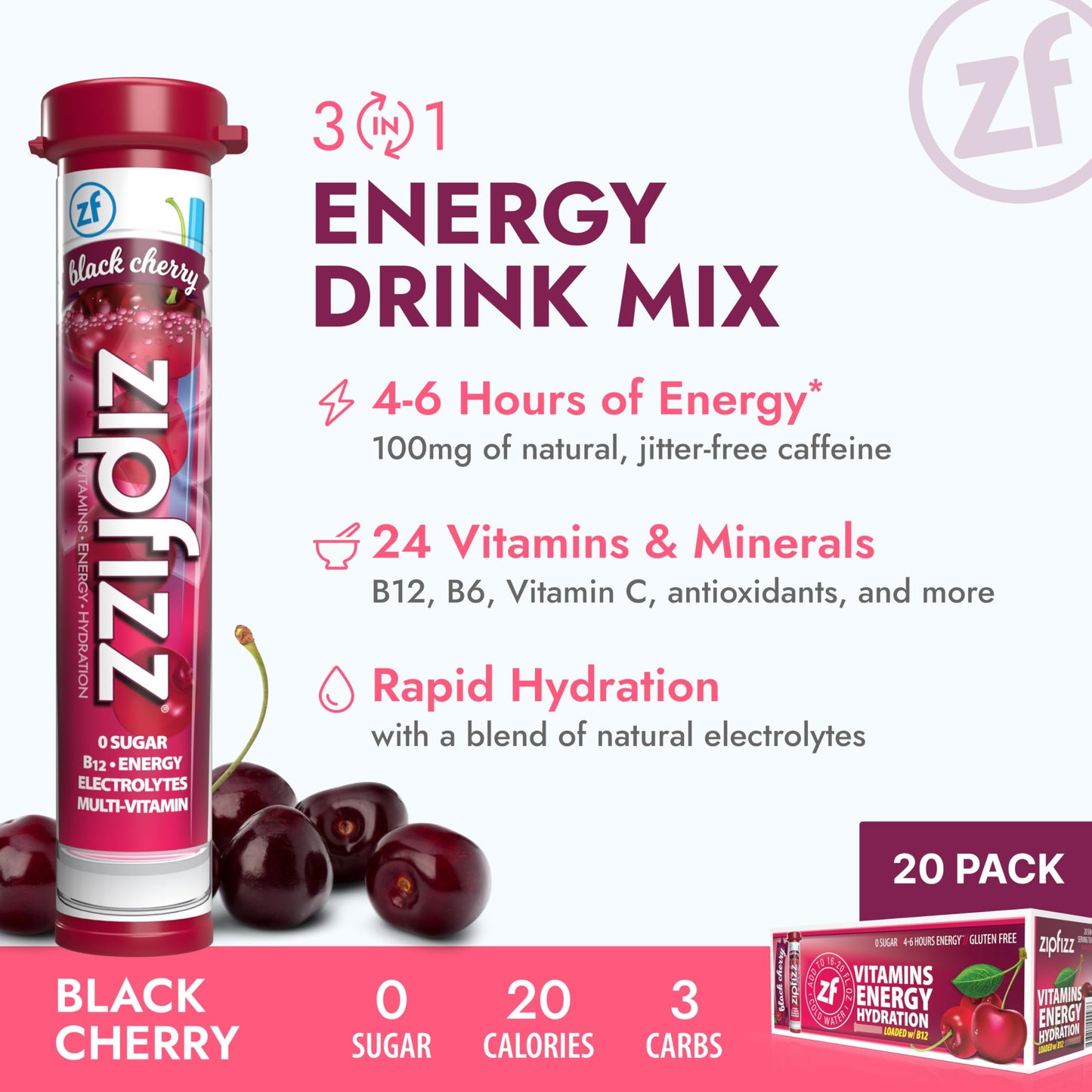 Zipfizz Energy Drink Mix Electrolyte Hydration Powder with B12 and Multi Vitamin Black Cherry 20 Count