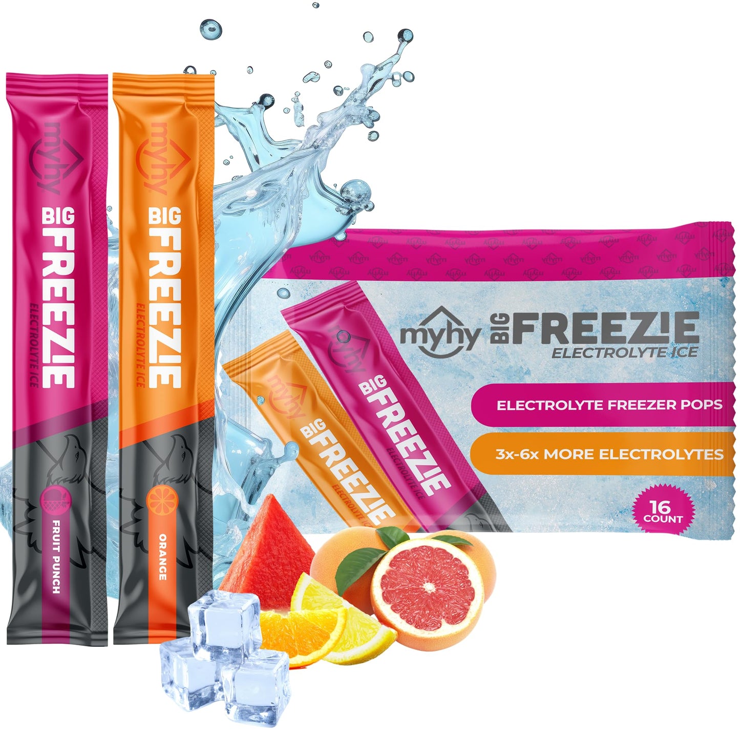MyHy - Big Freezie Electrolyte Popsicles - Electrolyte Freezer Pops, Hydration Popsicles for Adults & Kids, All Sport Freezer Pops for Active Lifestyle & Sweat Loss - Fruit Punch & Orange, 16 Count