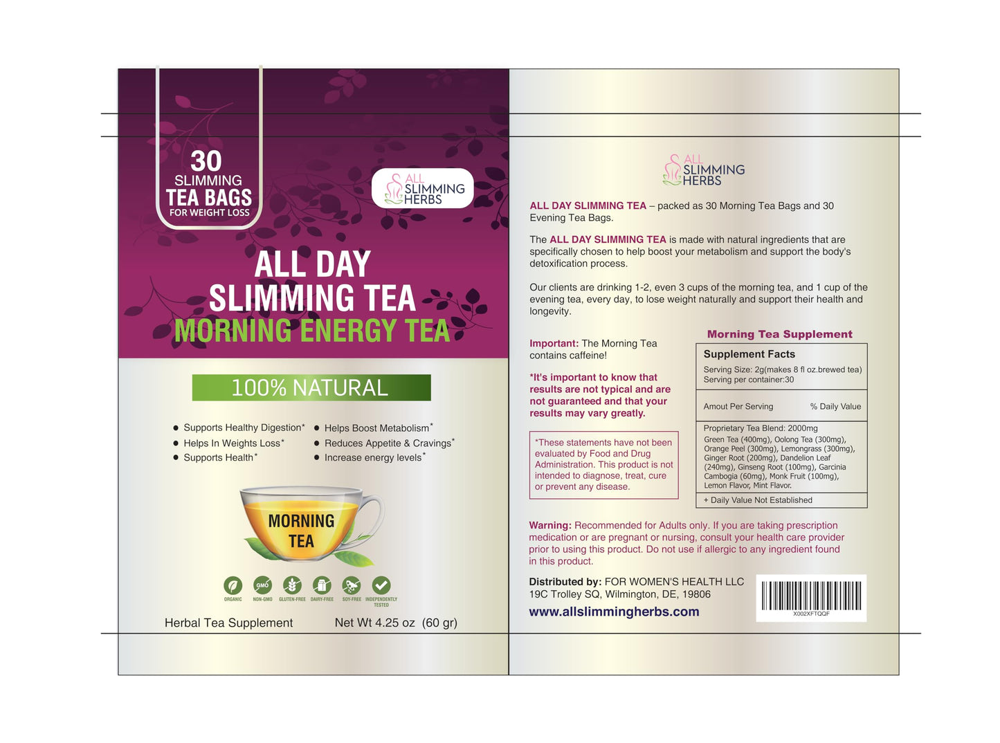All Day Slimming Tea For Daytime - 30 Days Supply - Boosts Metabolism & Skyrockets Energy Level