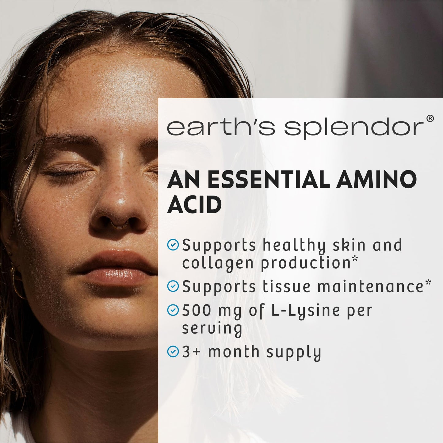 Earth's Splendor L-Lysine 500 mg Dietary Supplement for Men & Women, Supports Collagen & Tissue Maintenance (500 mg, 100 Caplets)