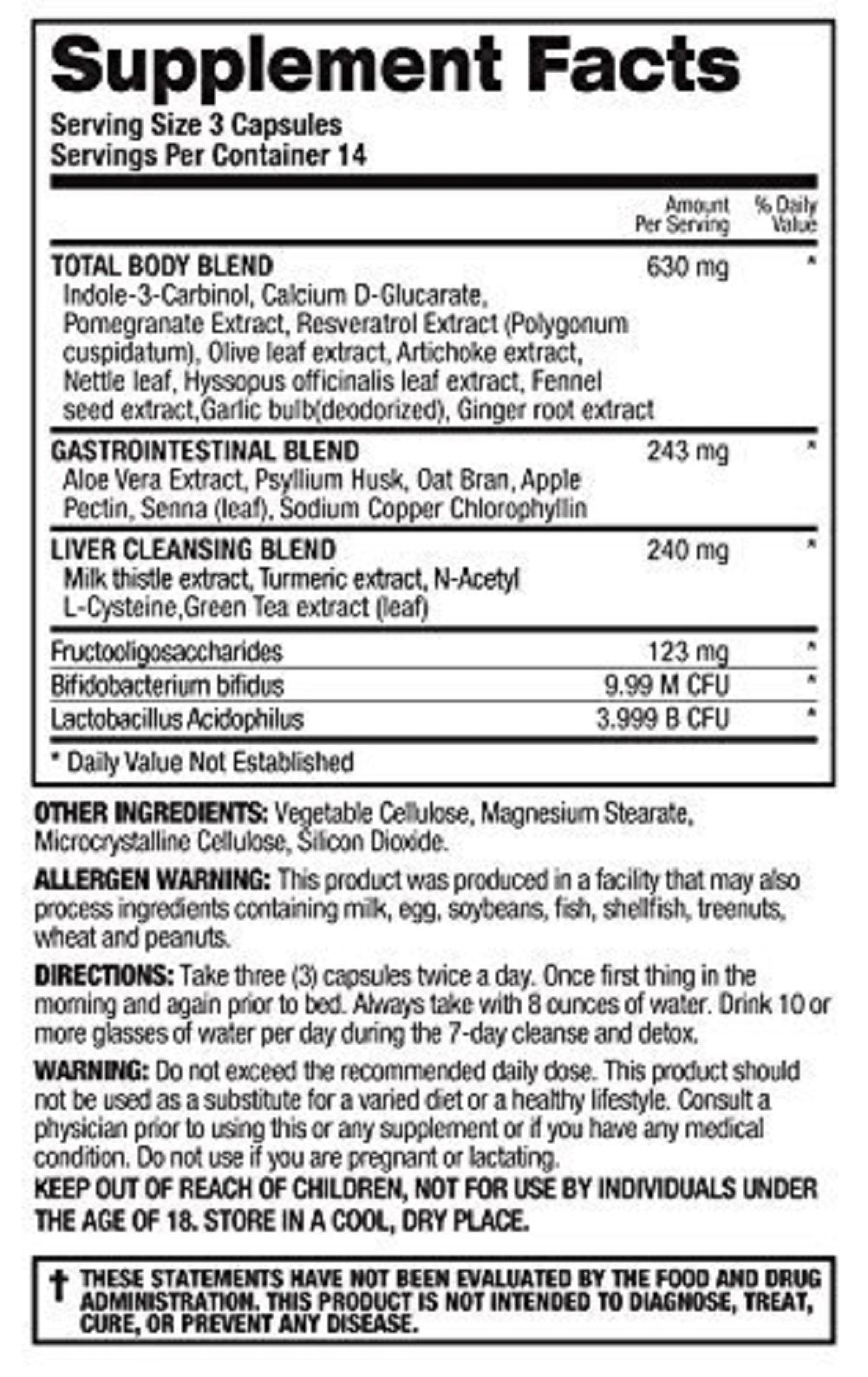 Top Secret Nutrition Cleanse & Detox 7-Day Formula Dietary Supplement Colon and Liver Cleansing Blend with Prebiotics and Probiotics for Men and Women (42 veggie caps)