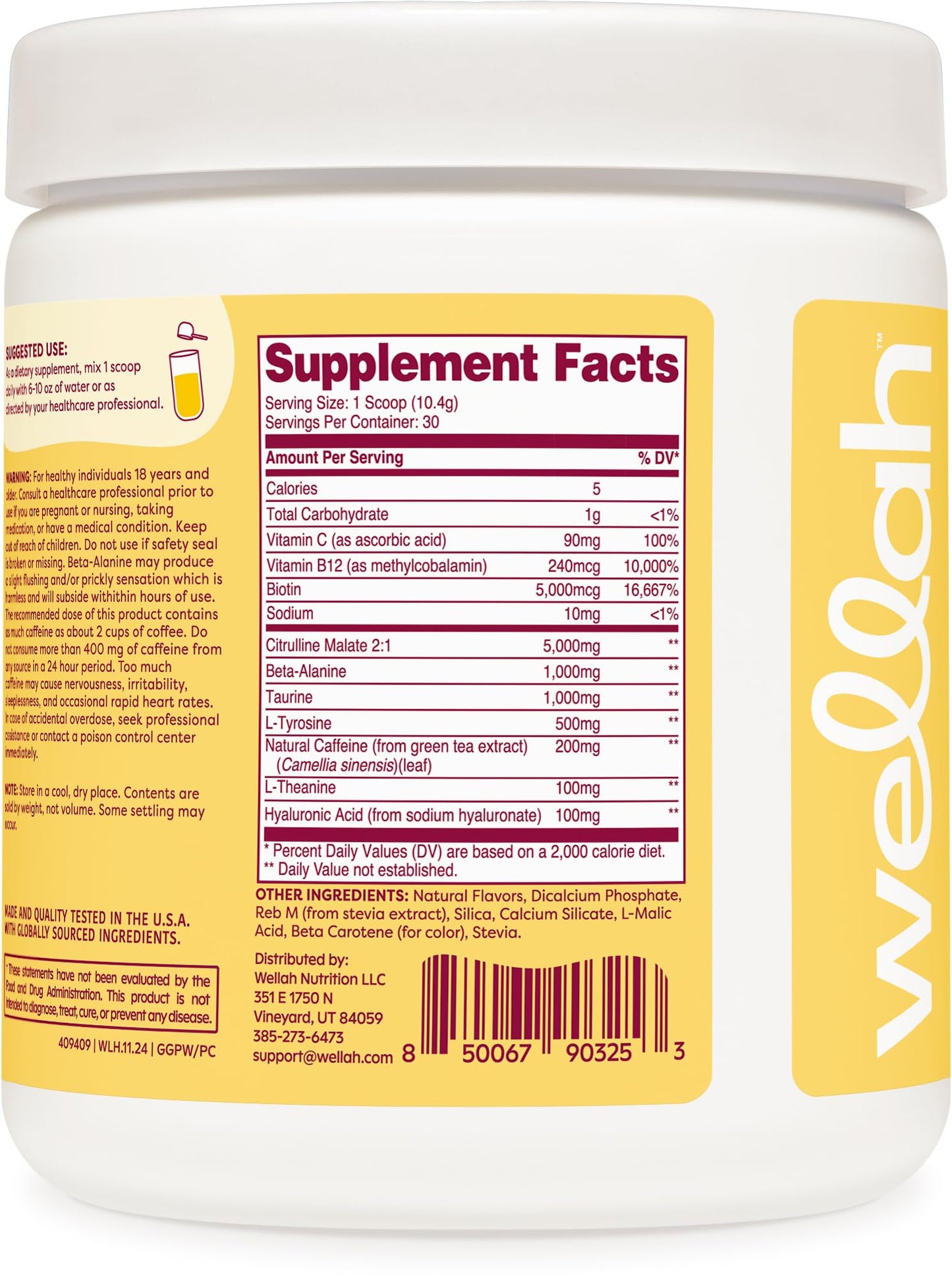 Wellah Get-Going Pre-Workout Drink Mix (Pina Colada Flavored, 30 Servings)