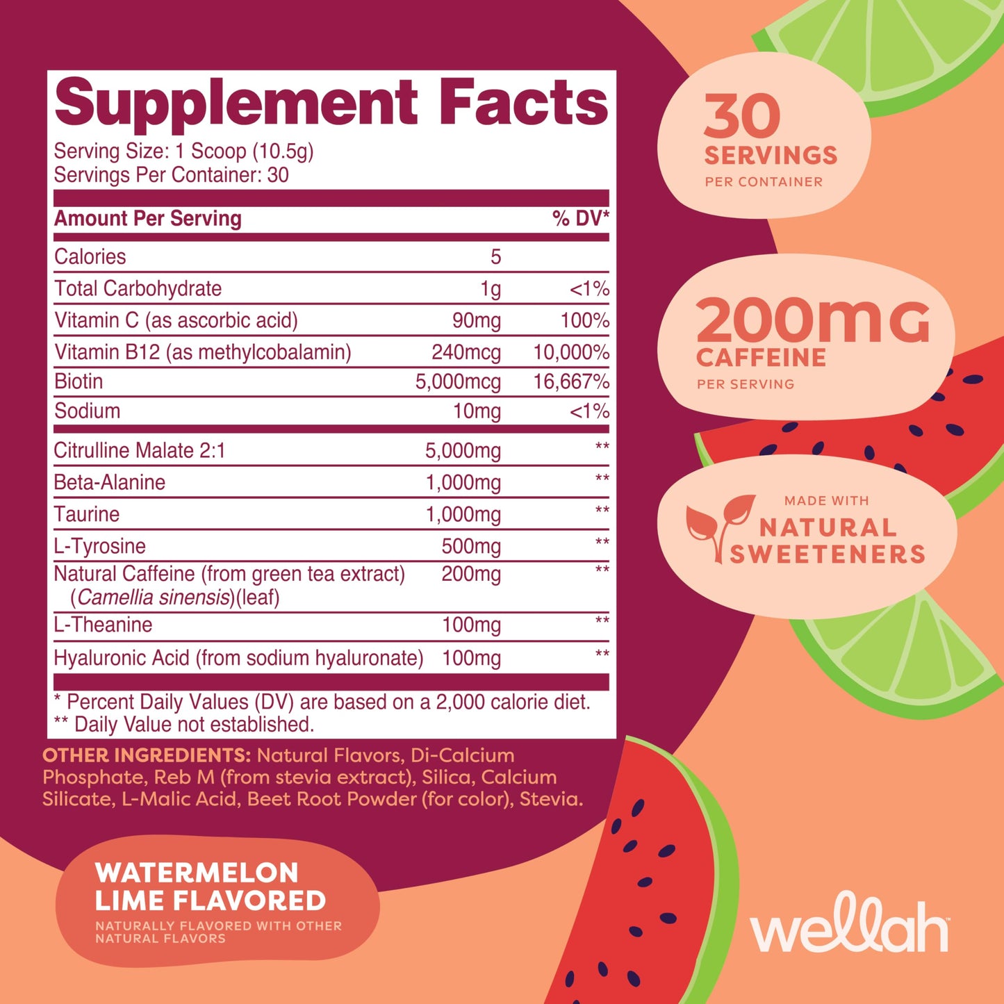 Wellah Get-Going Pre-Workout Drink Mix (Watermelon Lime Flavored, 30 Servings)