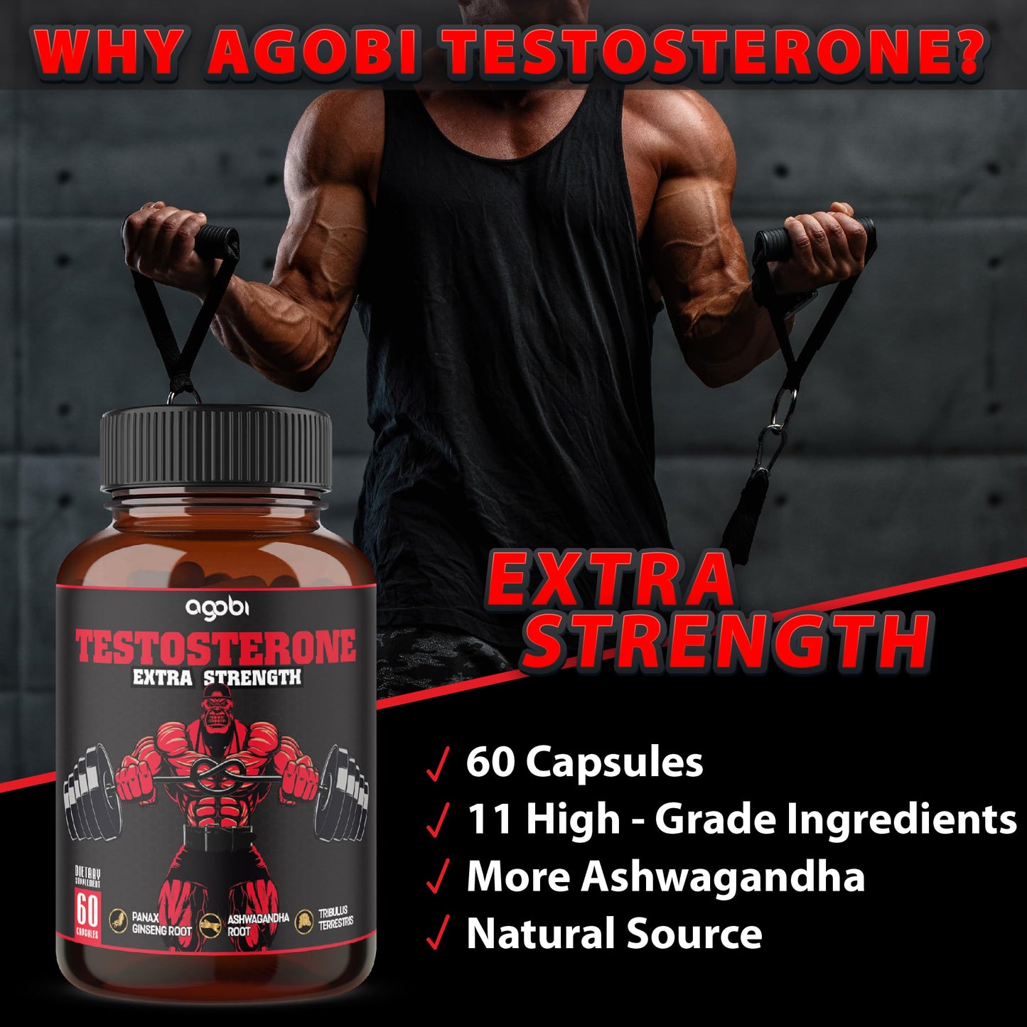 Testosterone Supplement for Men with Ashwagandha, Tribulus, Ginseng & More - 11 Herbs - Strength Support - 60 Vegan Capsules 1 Month Supply